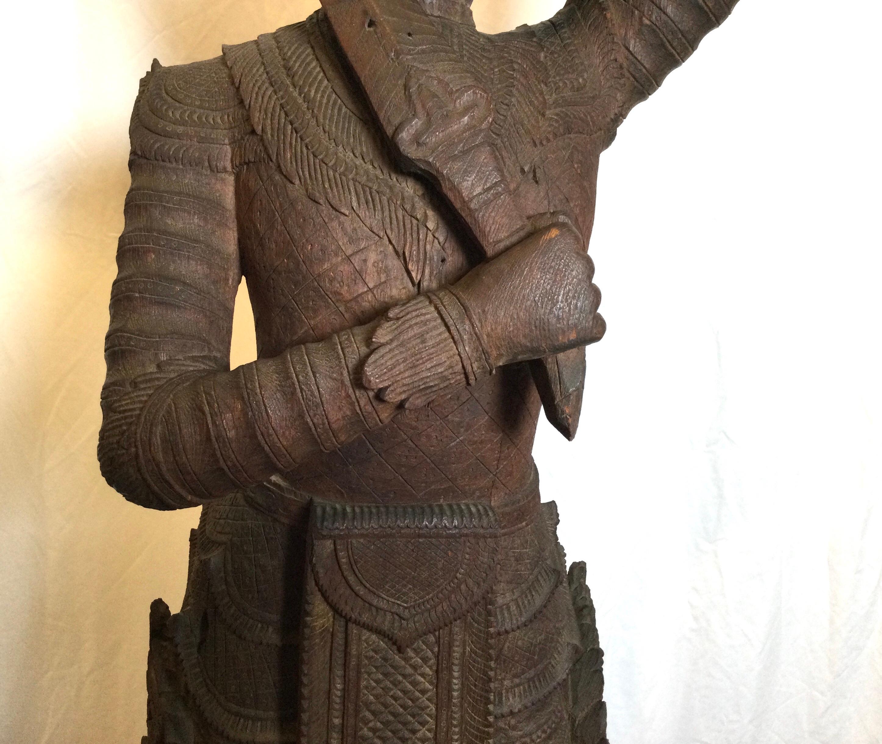 Large Hand Carved Hard Wood Carving of a Balinese Warrior In Good Condition In Lambertville, NJ