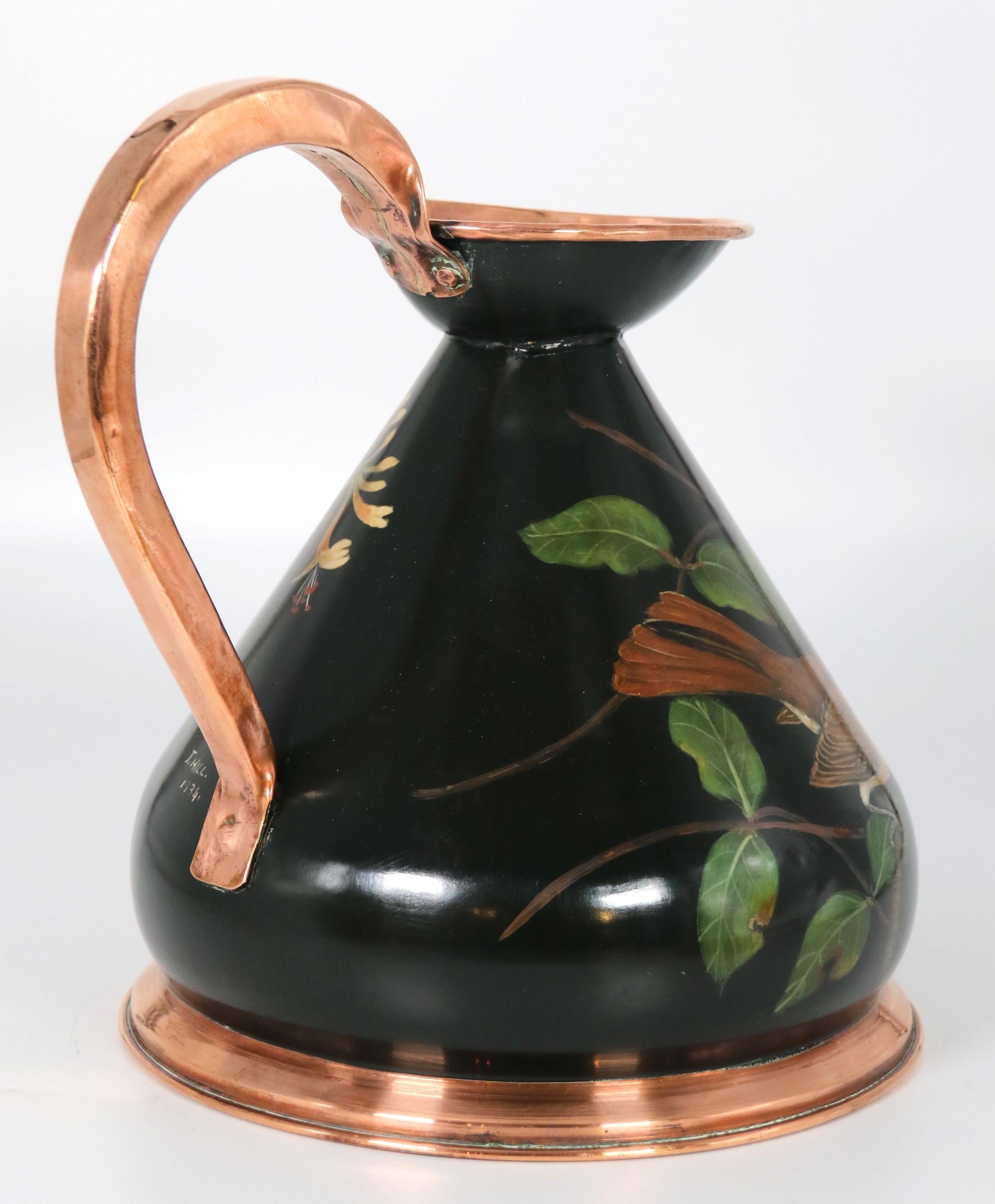 A large hand painted copper cider or ale jug, signed J Hill circa 1930 In Good Condition For Sale In Central England, GB