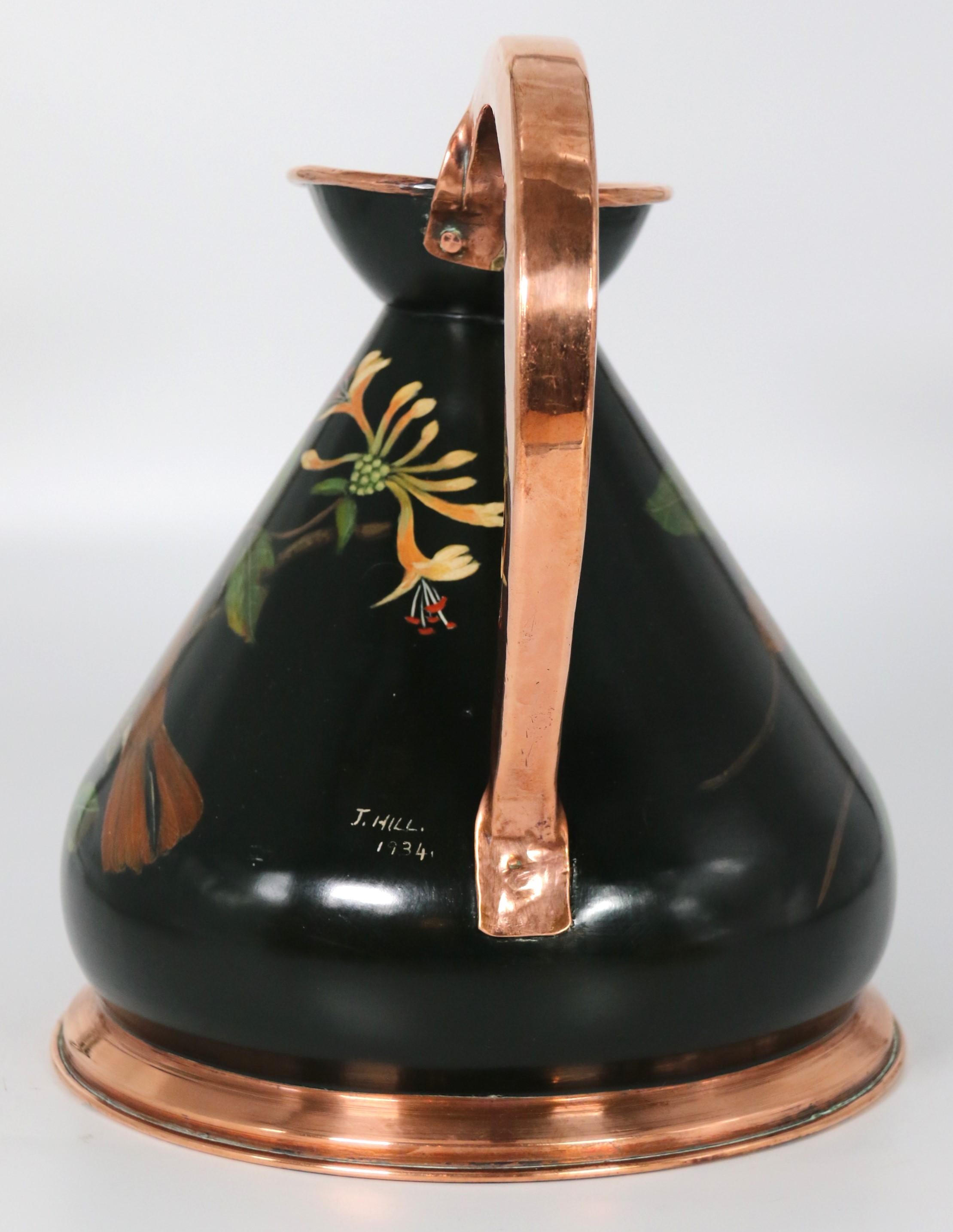 Gran jarra de sidra o cerveza de cobre pintada a mano, firmada por J. Hill hacia 1930 siglo XX