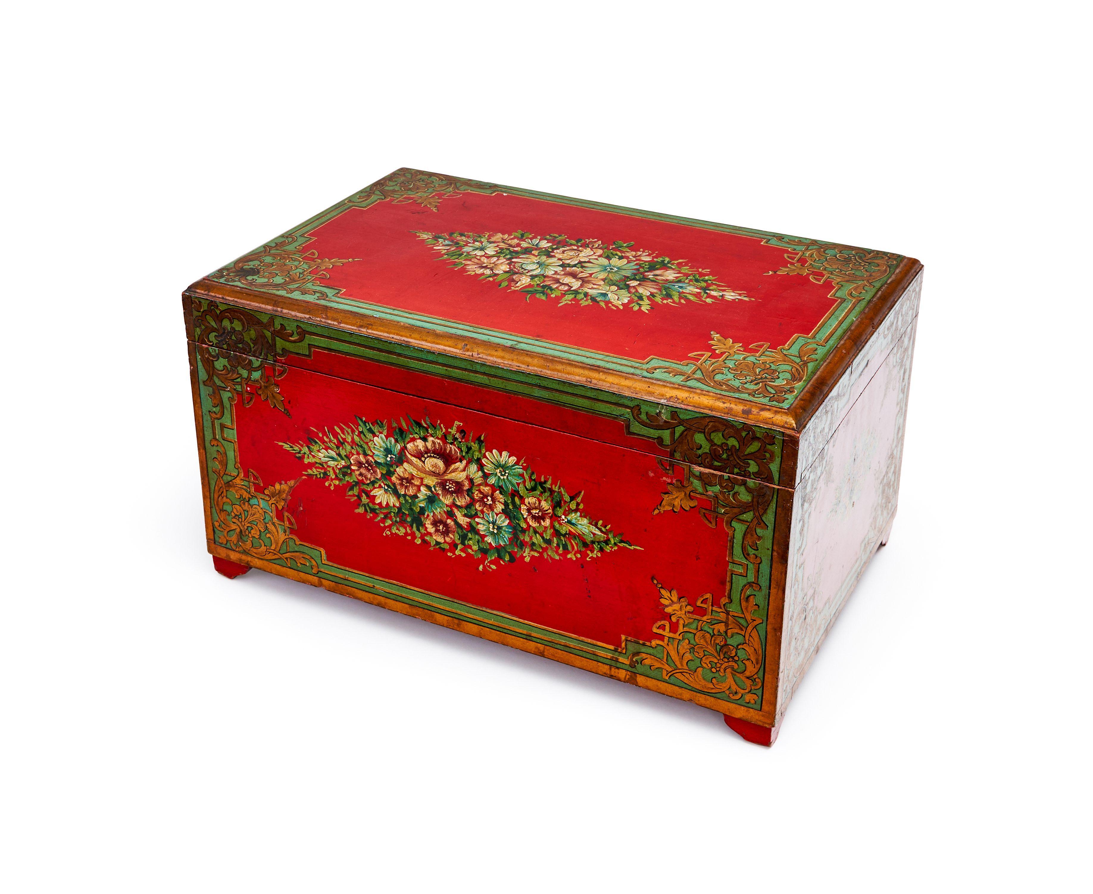 Asian A Large Hand Painted Qajar Lacquer Cashier Box, 19th Century  For Sale