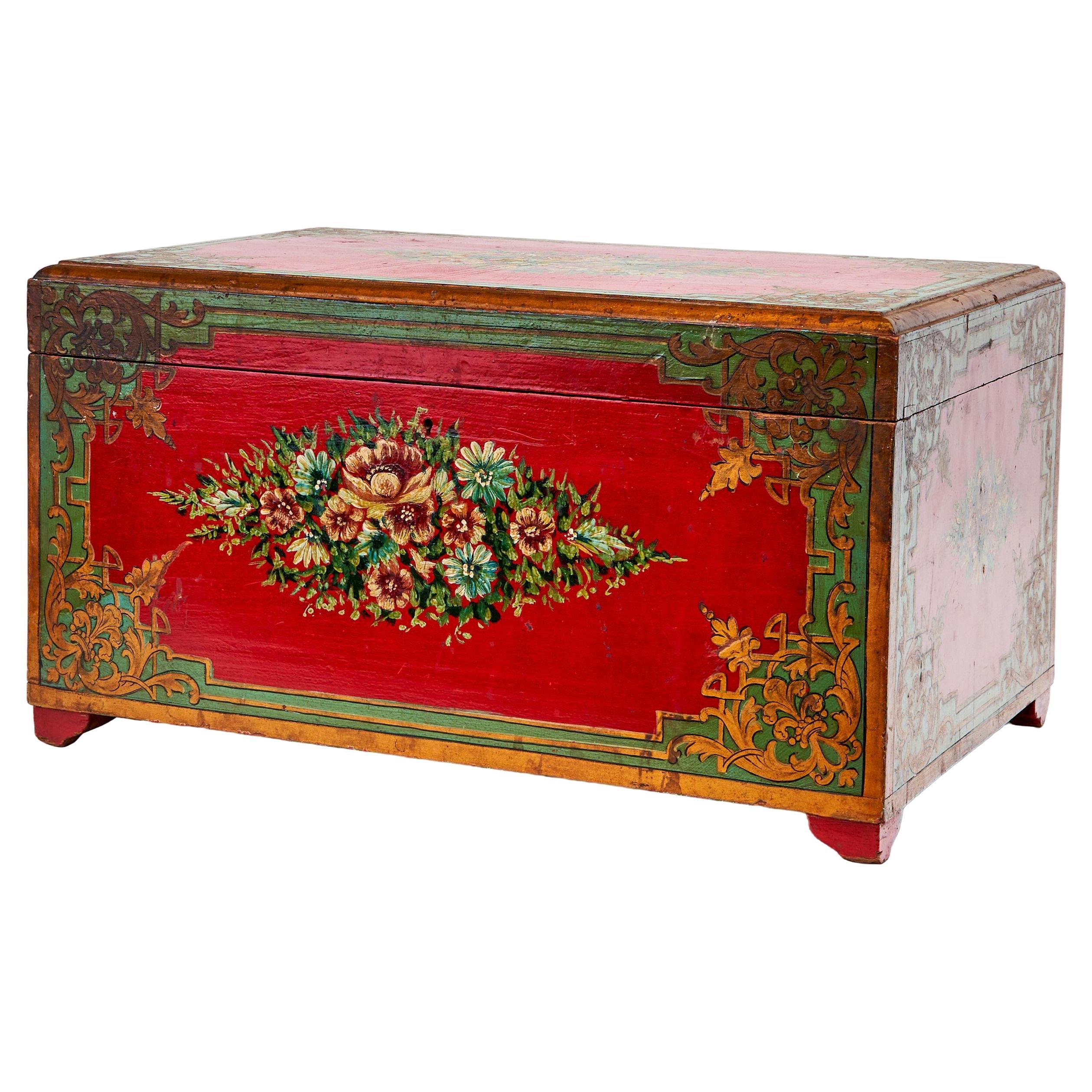 A Large Hand Painted Qajar Lacquer Cashier Box, 19th Century For Sale