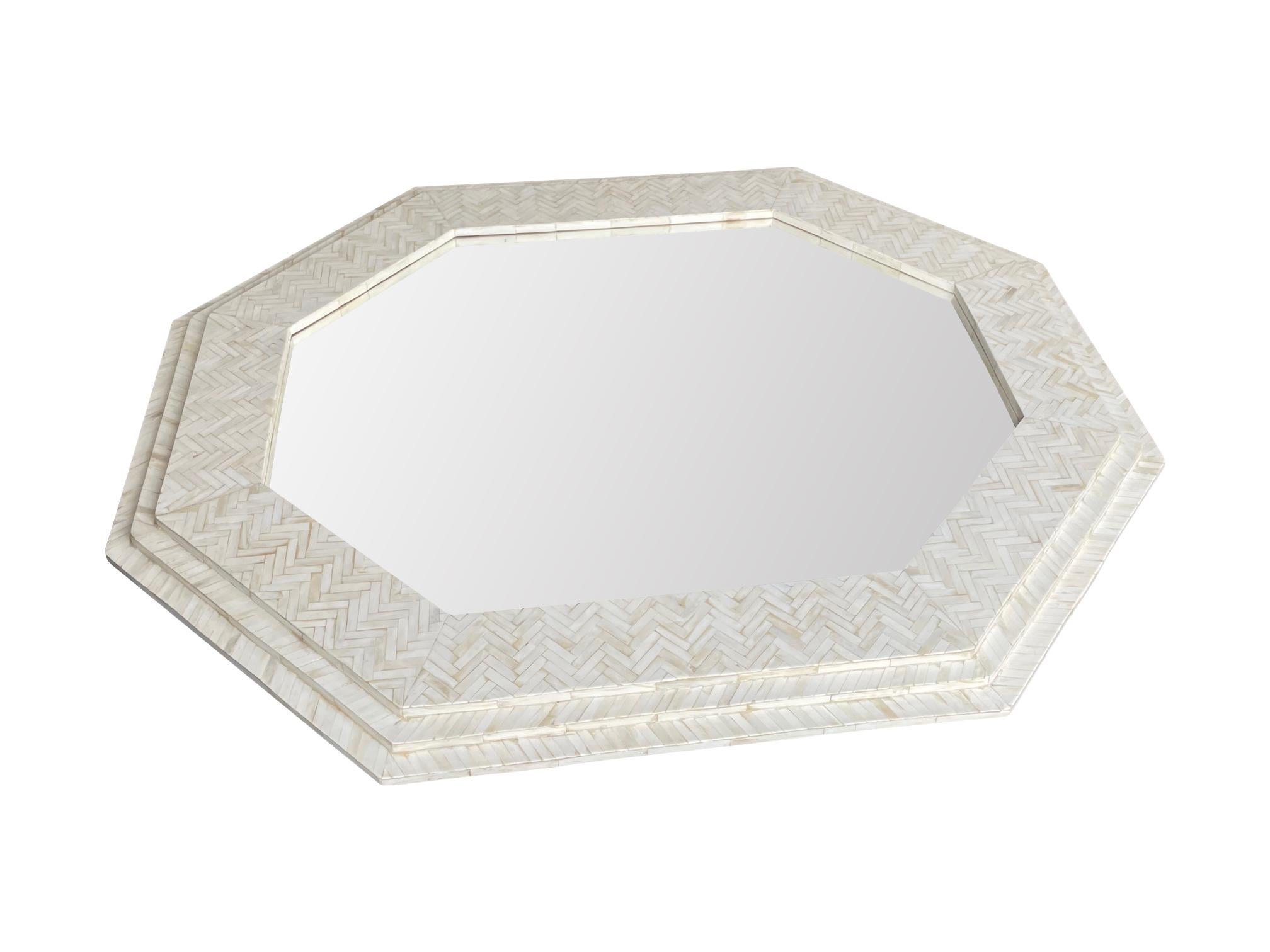 Mid-Century Modern Large Handmade Inlaid Bone Octagonal Mirror in the Style of Enrique Garcel For Sale