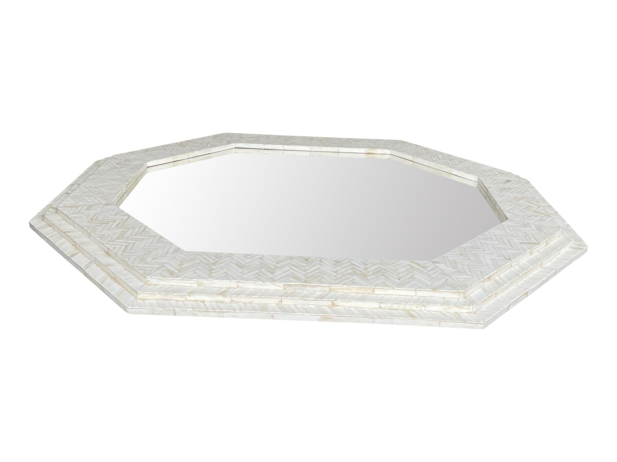 French Large Handmade Inlaid Bone Octagonal Mirror in the Style of Enrique Garcel For Sale