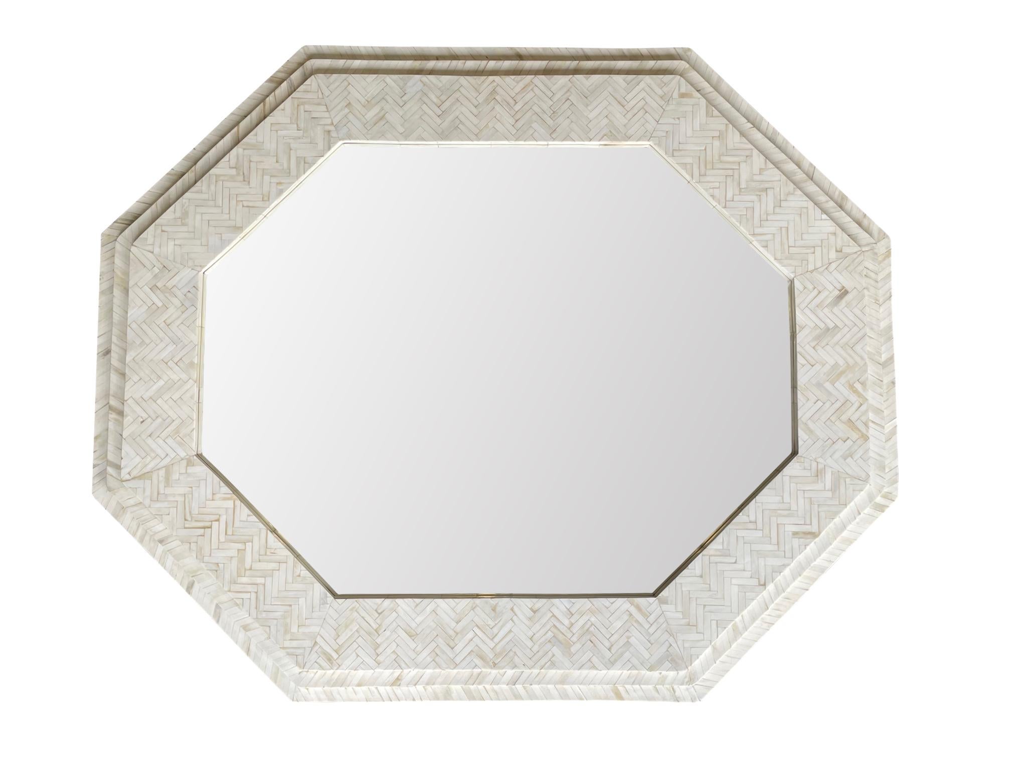 Contemporary Large Handmade Inlaid Bone Octagonal Mirror in the Style of Enrique Garcel For Sale