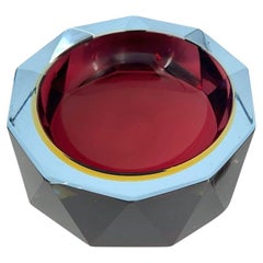 A large heavy 1960s faceted Sommerso Murano glass bowl blue, purple and yellow