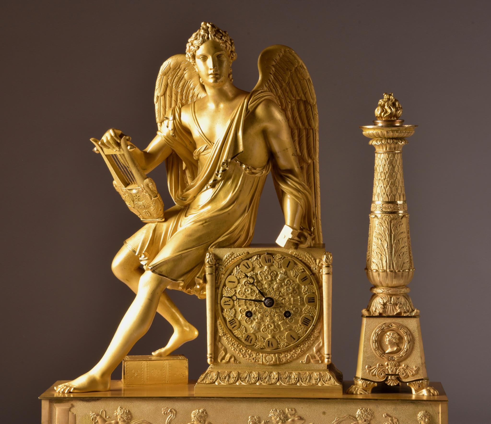Monumental Empire mantel clock, Apollo and his attribute, very finely finished reliefs. 
Power reserver:	8 day movement
Striking:	half hour, one bell
This clock comes with a pendulum and key. The movement has recently been serviced and it runs