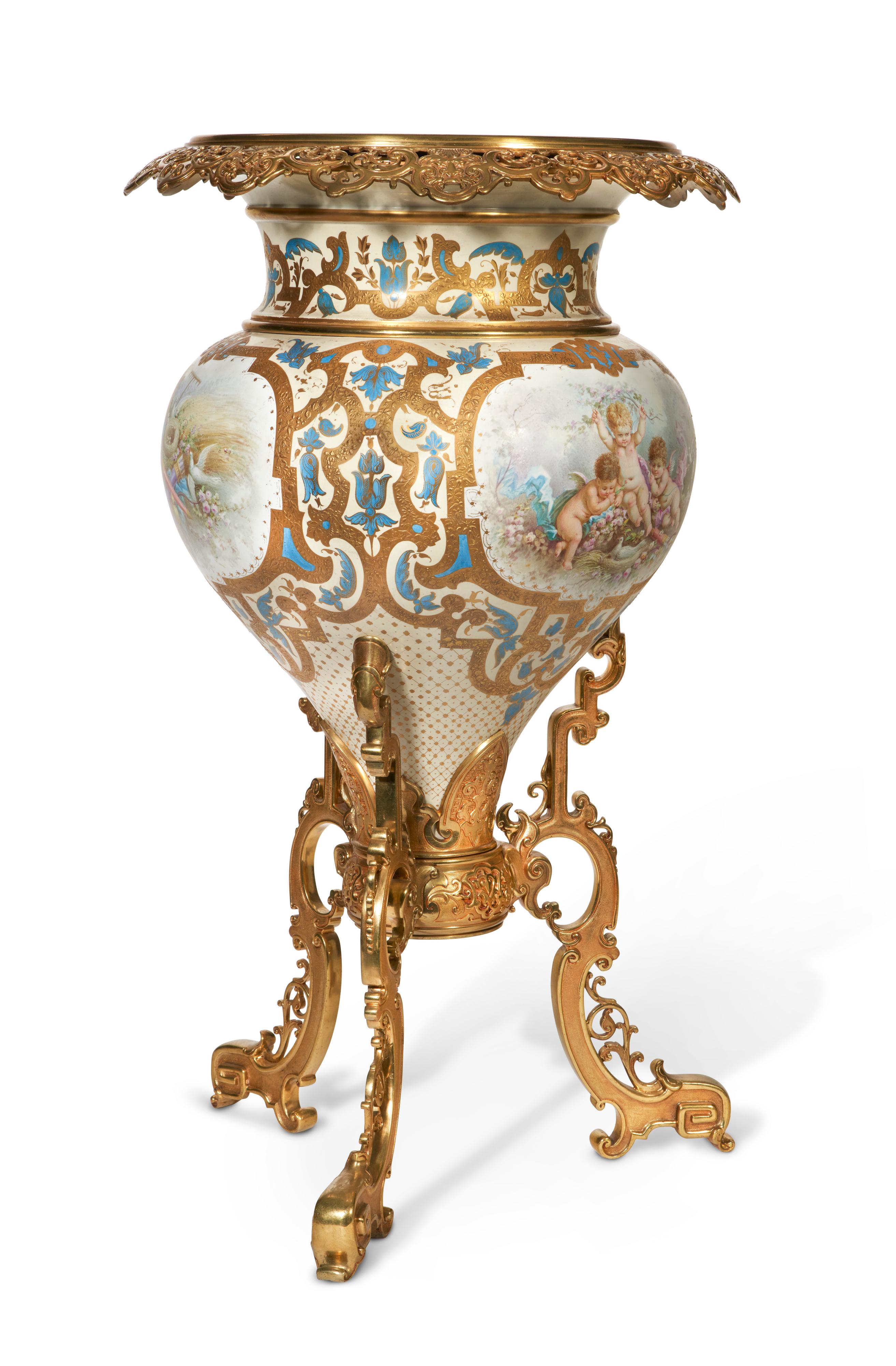Louis XVI Large & Important French 19th C. Sevres Porcelain Ormolu Mounted Jardiniere For Sale
