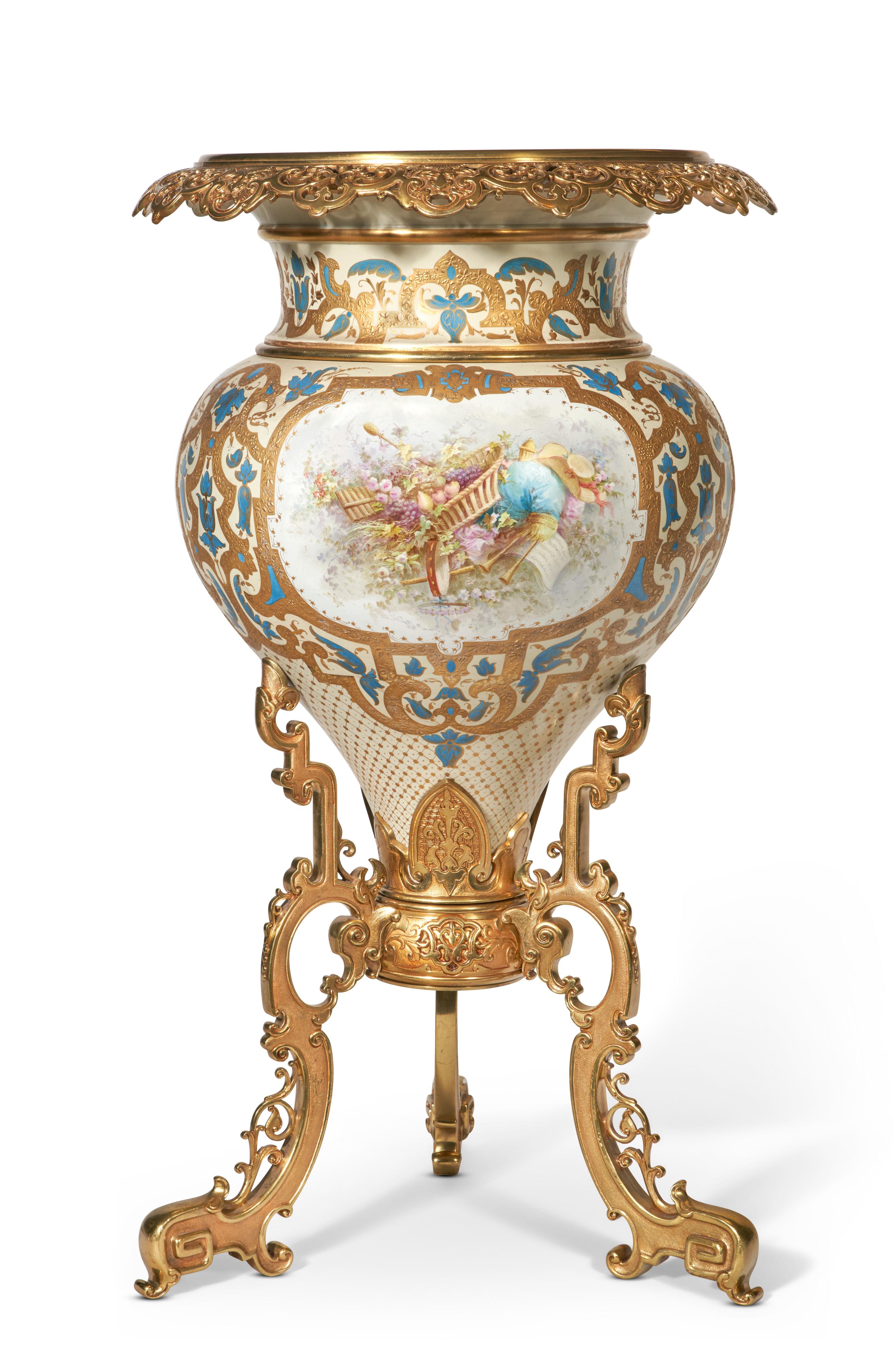 Gilt Large & Important French 19th C. Sevres Porcelain Ormolu Mounted Jardiniere For Sale