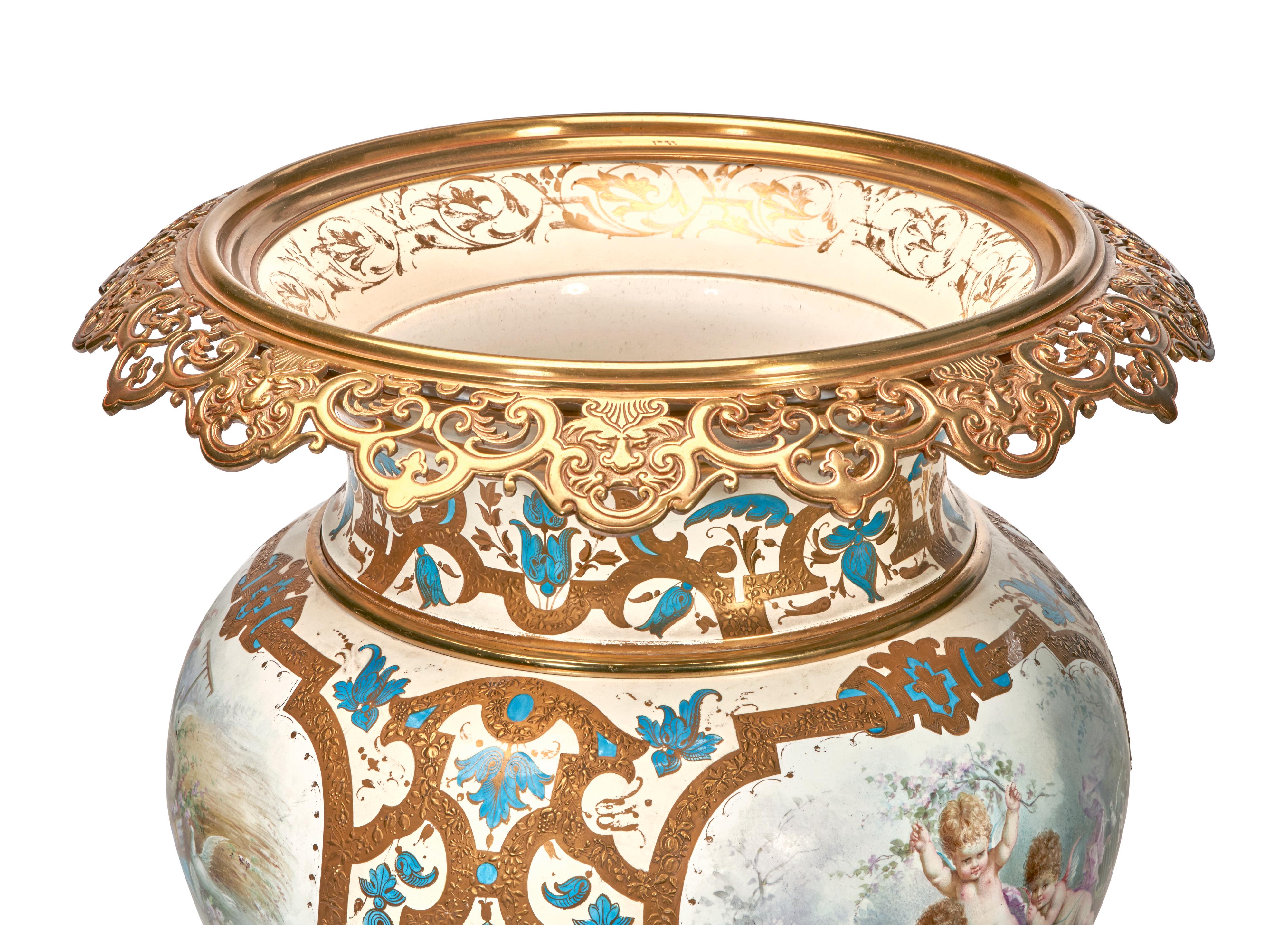 Large & Important French 19th C. Sevres Porcelain Ormolu Mounted Jardiniere In Good Condition For Sale In New York, NY