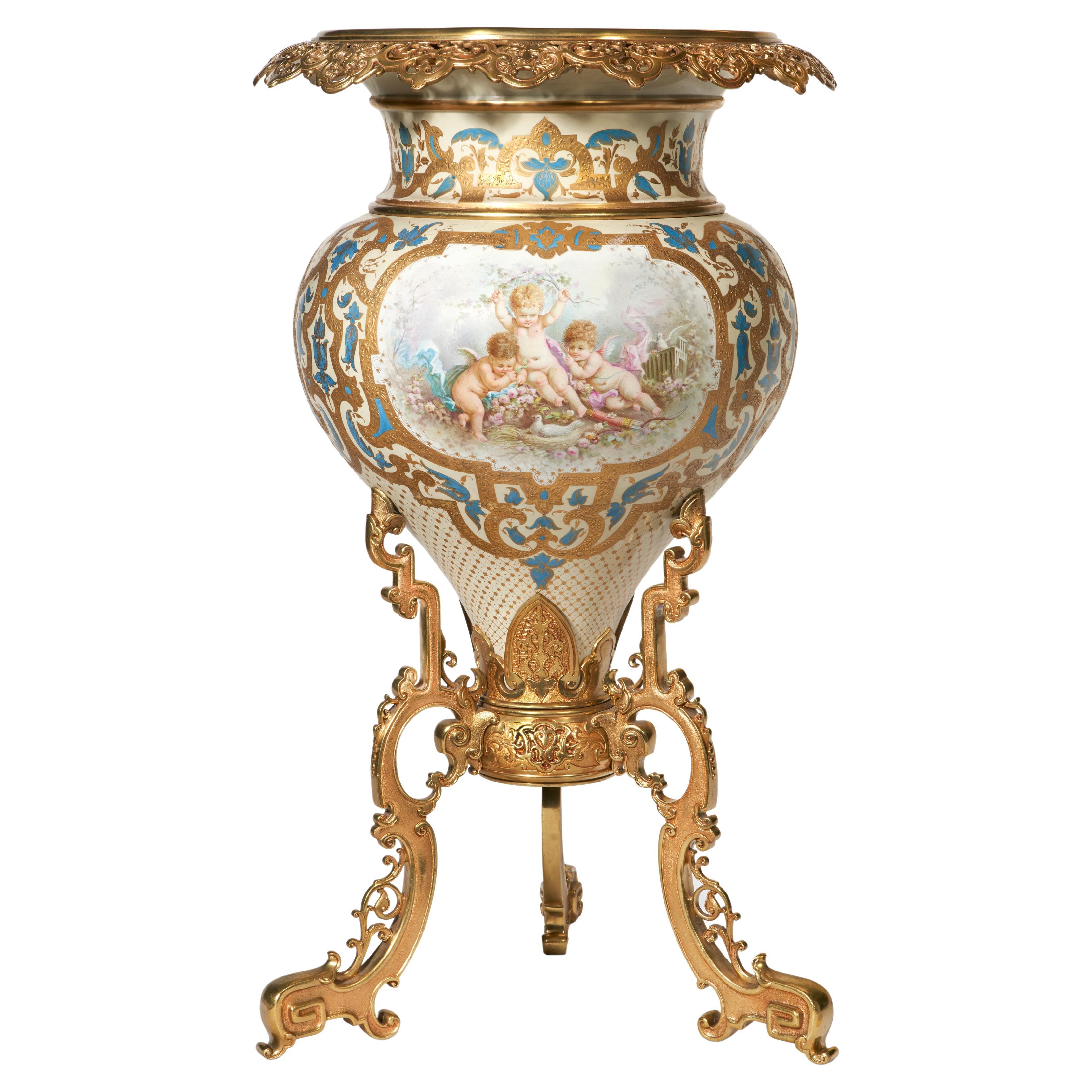 Large & Important French 19th C. Sevres Porcelain Ormolu Mounted Jardiniere For Sale