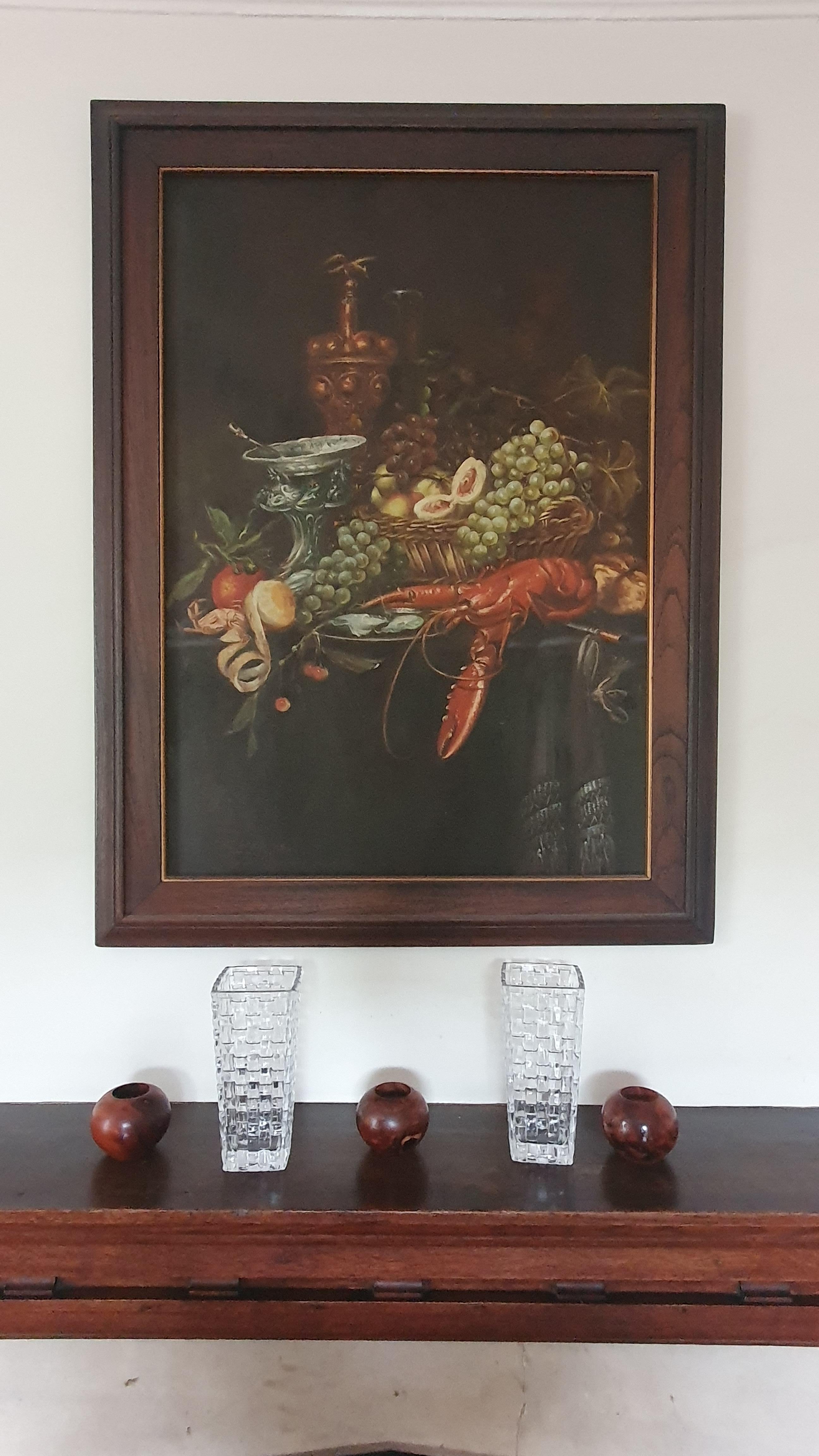 Gran bodegón eduardiano al óleo en marco original de caoba Pintura en venta