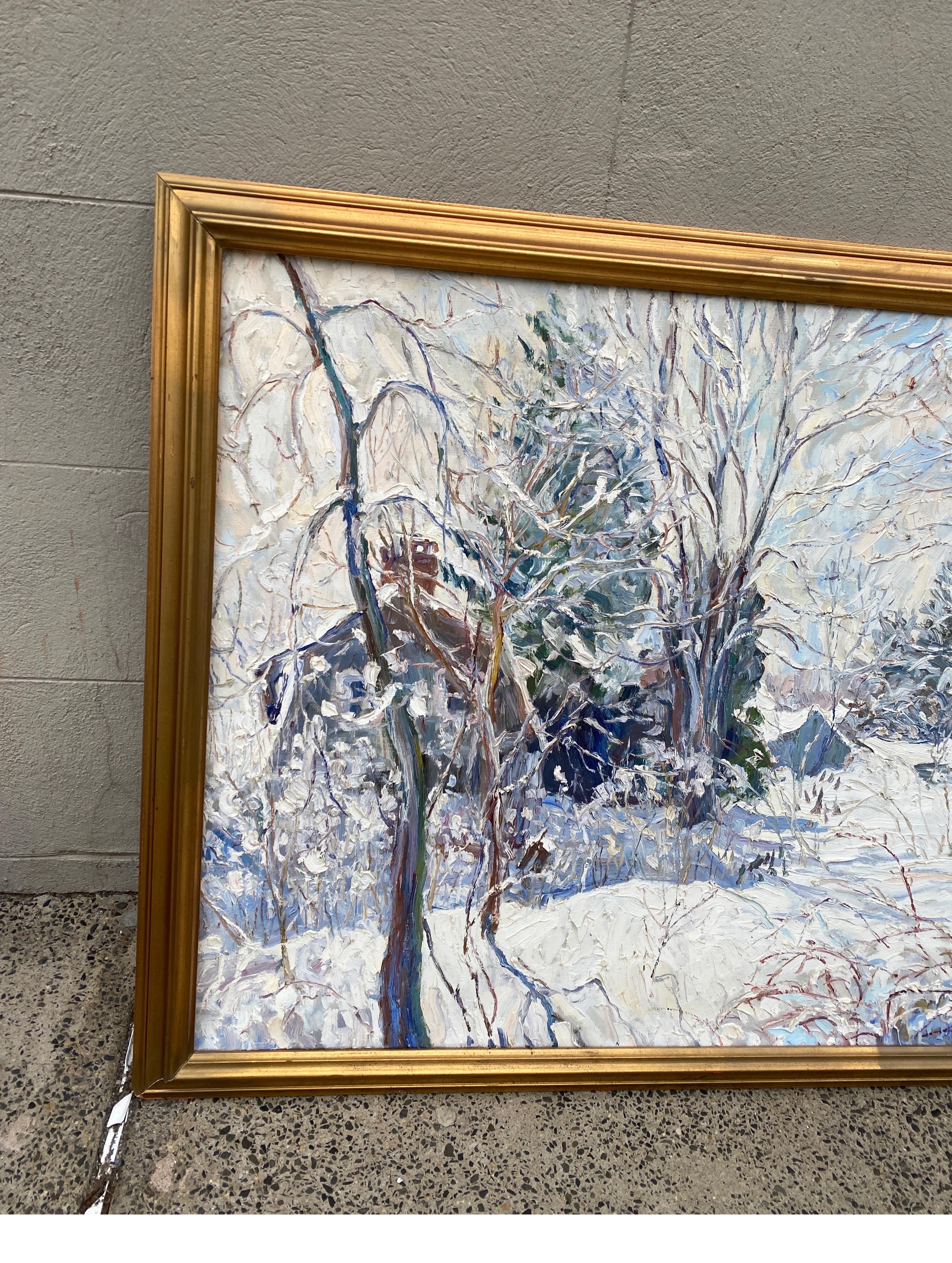 Spectacular and large oil painting on canvas, mid 20th century. A winter scene from the northeast region on the united states, signed by the artist Ken McIndoe from Hopewell, NJ. 

Born in London in 1938, McIndoe moved permanently to this