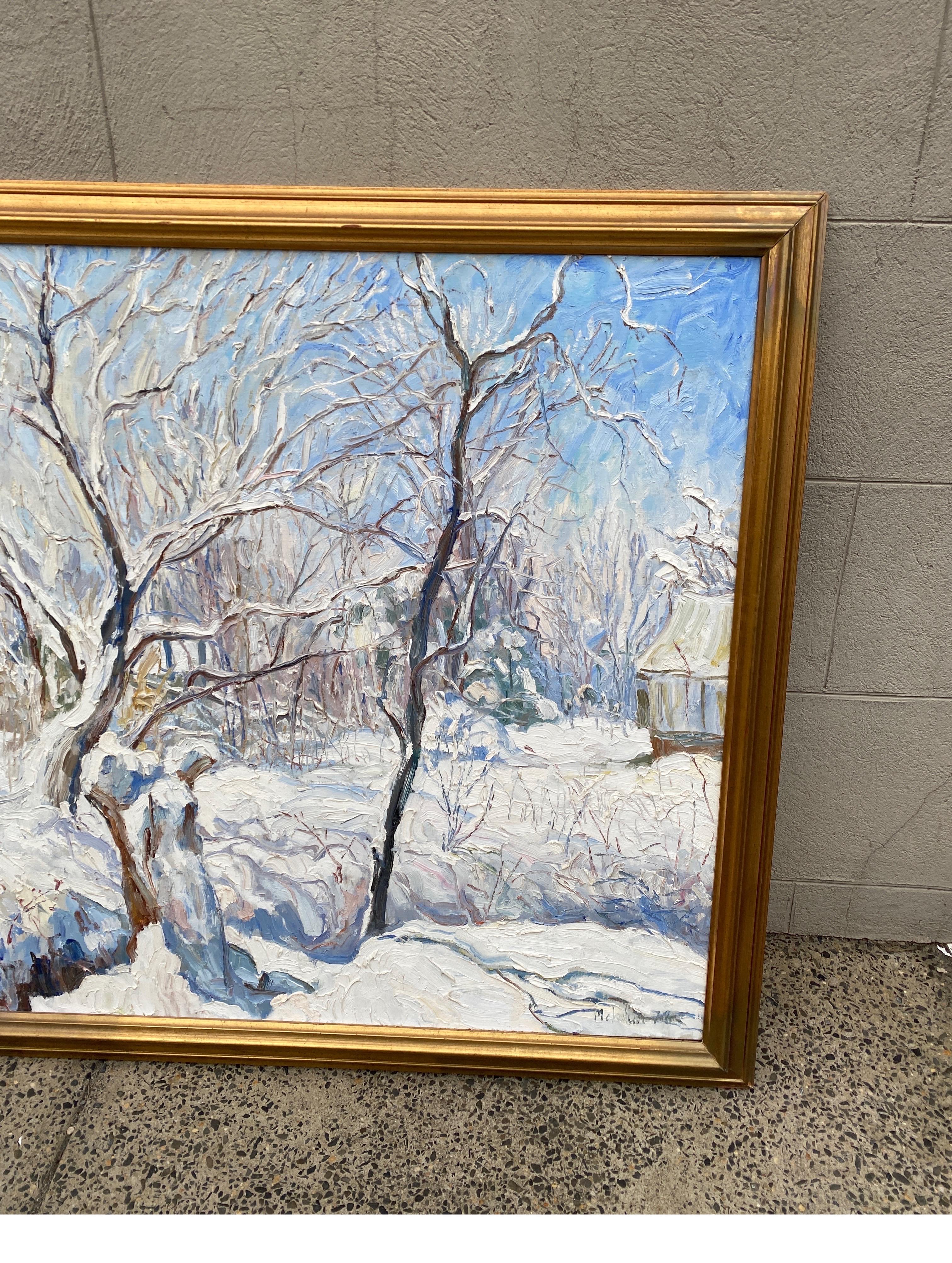 Großes impressionistisches Gemälde einer Winterszene im Nordosten der USA, Hopewell NJ (Handbemalt) im Angebot