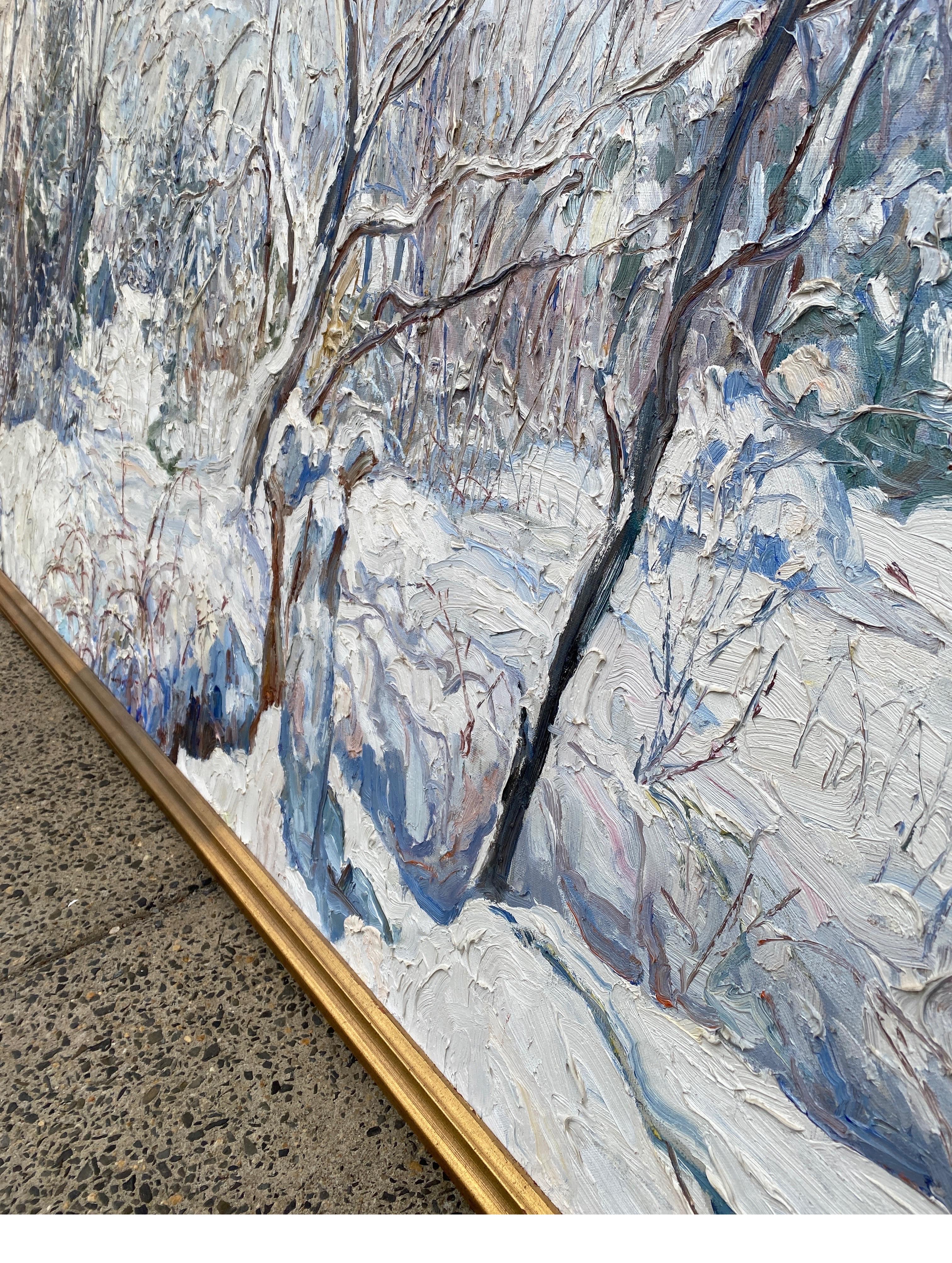 Hand-Painted Large Impressionist Painting of a Winter Scene Northeast USA, Hopewell NJ For Sale