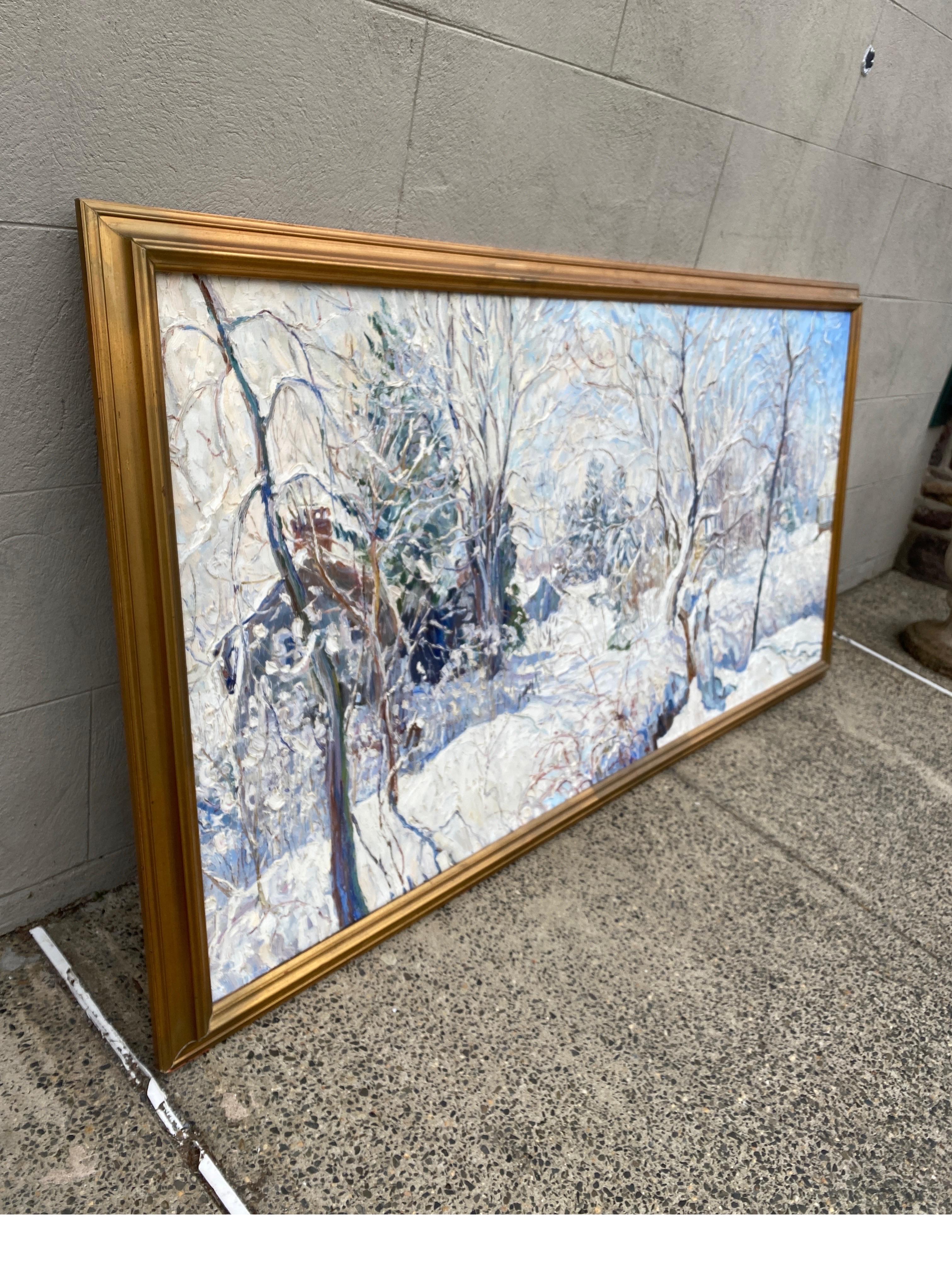 Canvas Large Impressionist Painting of a Winter Scene Northeast USA, Hopewell NJ For Sale