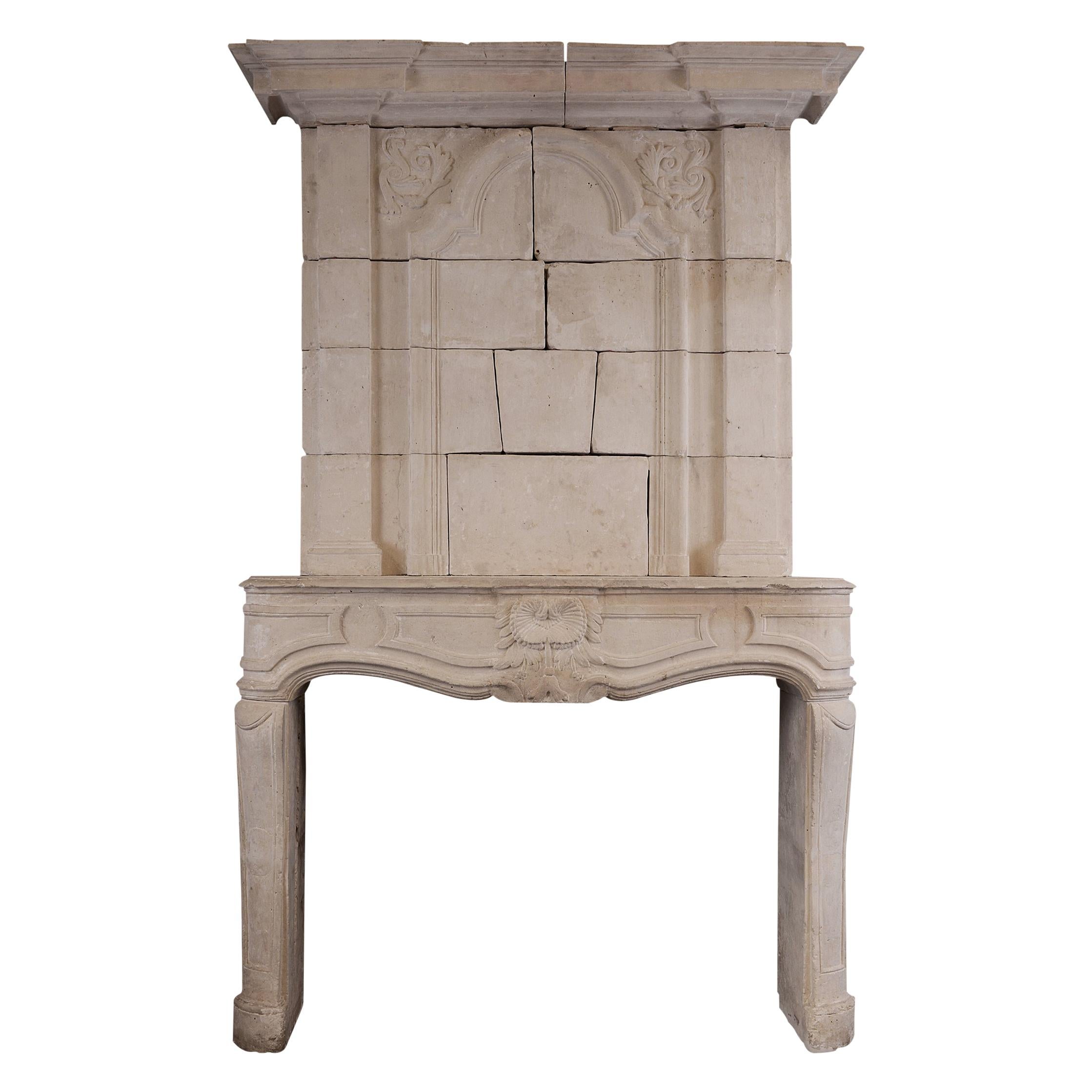 Large & Impressive French Limestone Trumeau Fireplace For Sale