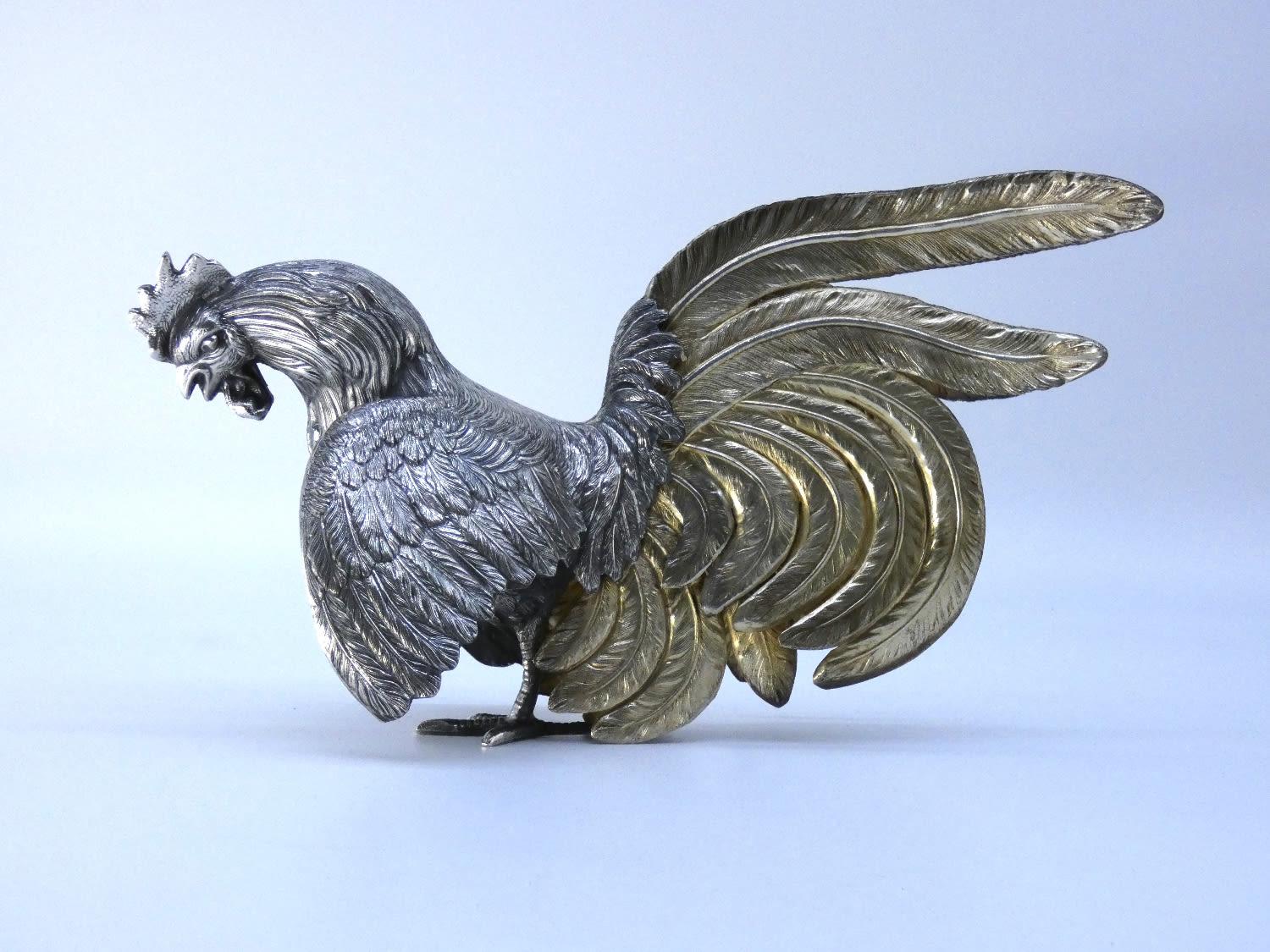 A Large Impressive Sterling Silver Rooster In Excellent Condition For Sale In New York, NY