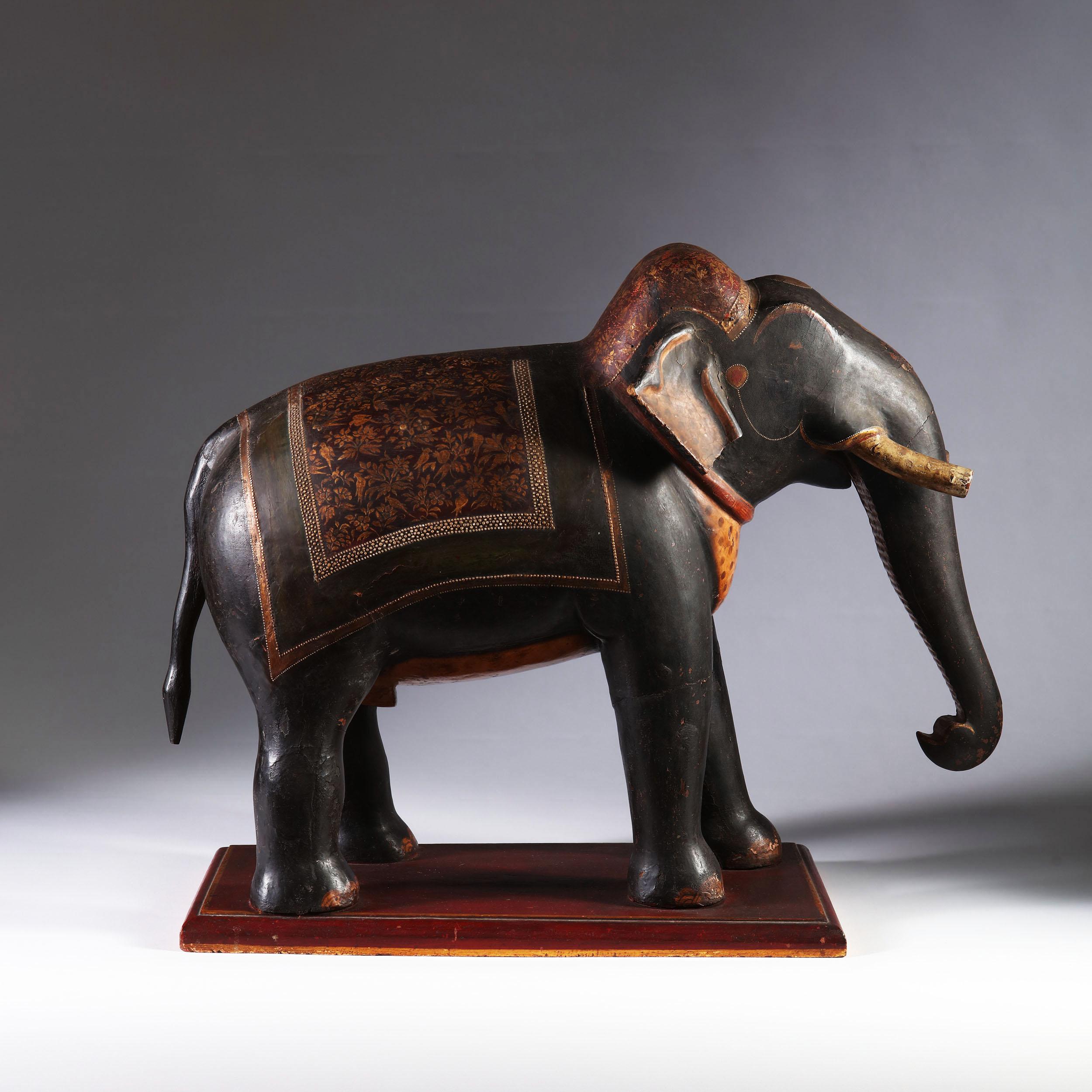 20th Century Large Indian Polychrome Carved Wooden Elephant
