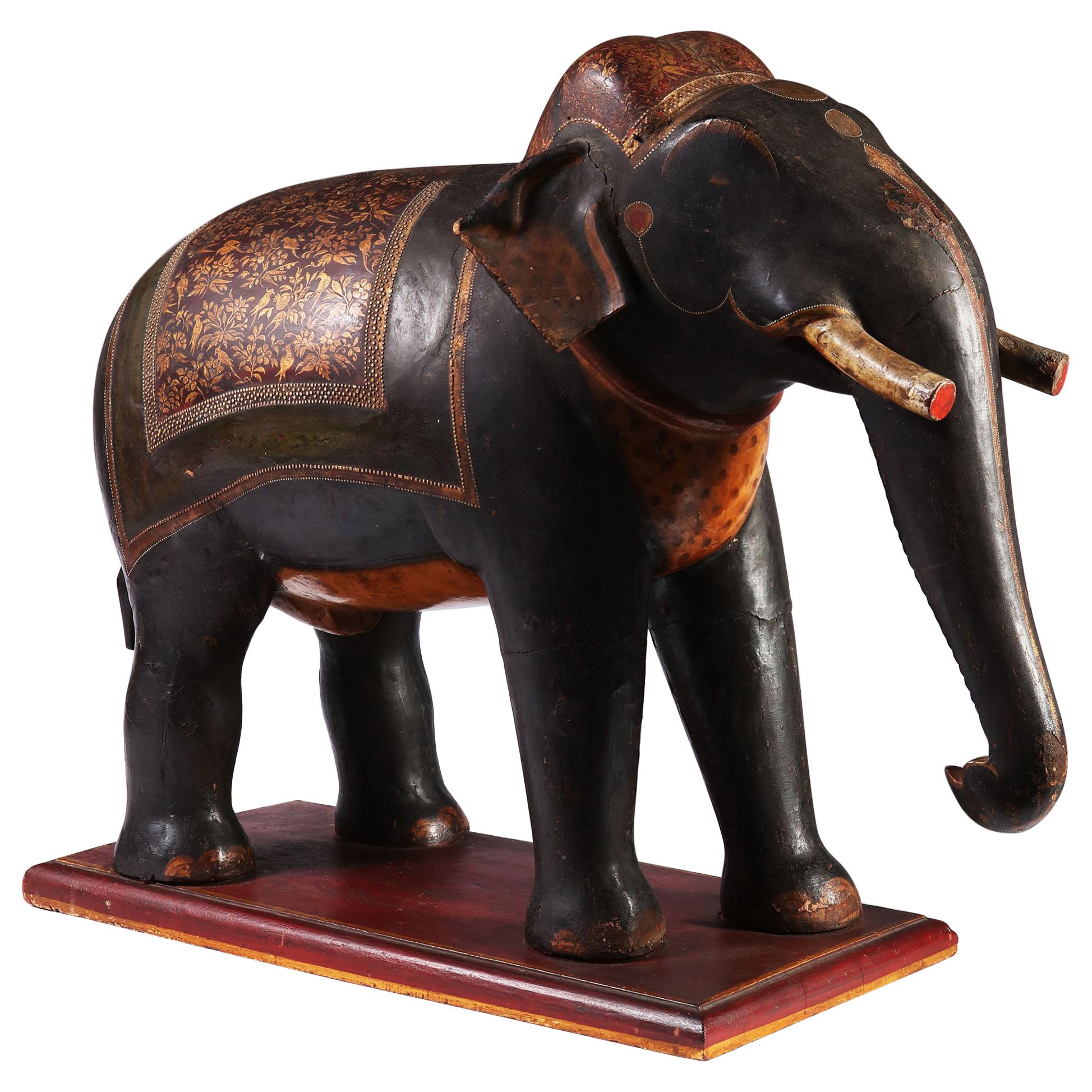 Large Indian Polychrome Carved Wooden Elephant