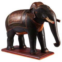 Large Indian Polychrome Carved Wooden Elephant