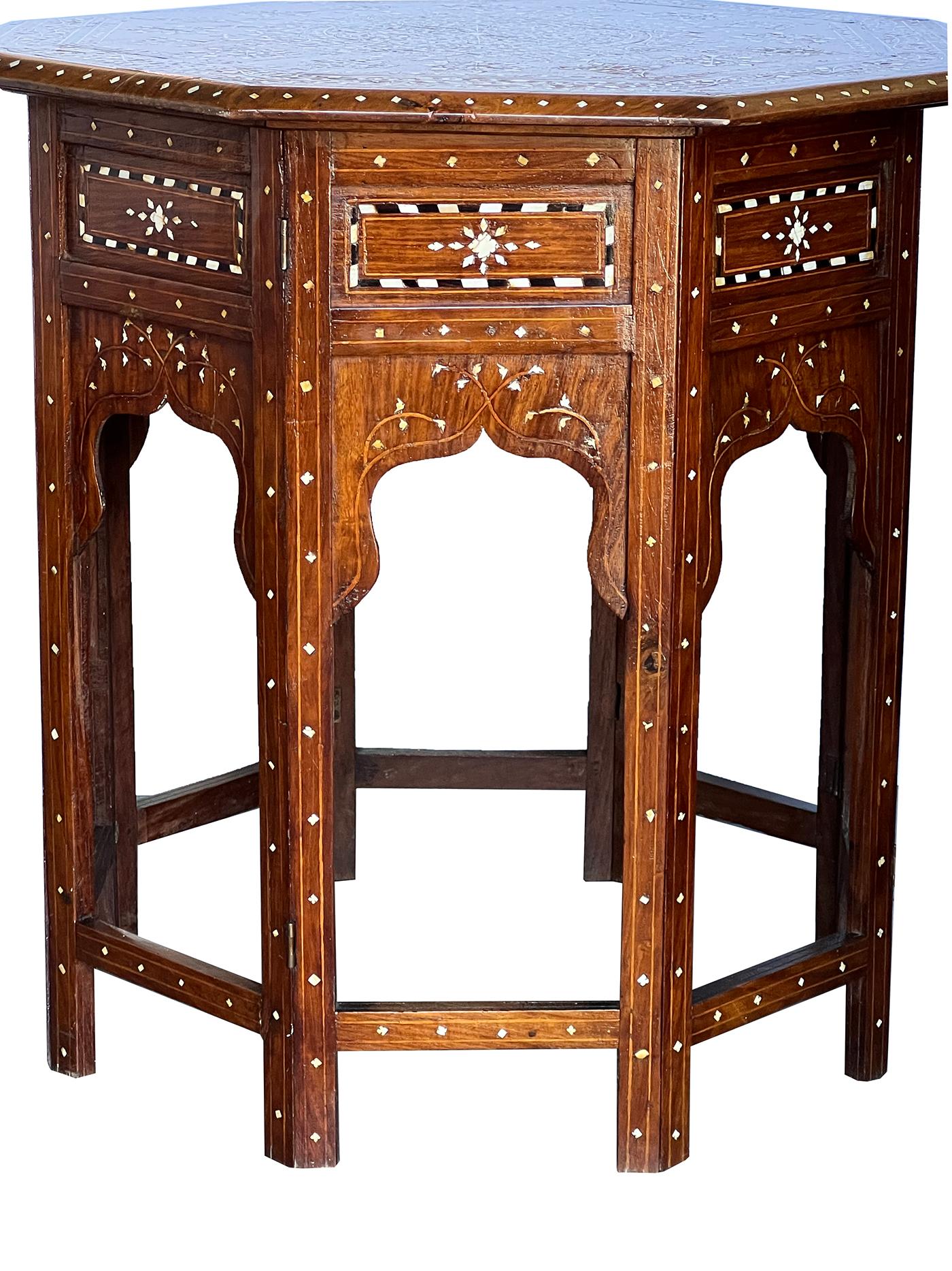 Large & Intricately Inlaid Anglo Indian Octagonal Side/Traveling Table In Good Condition In San Francisco, CA