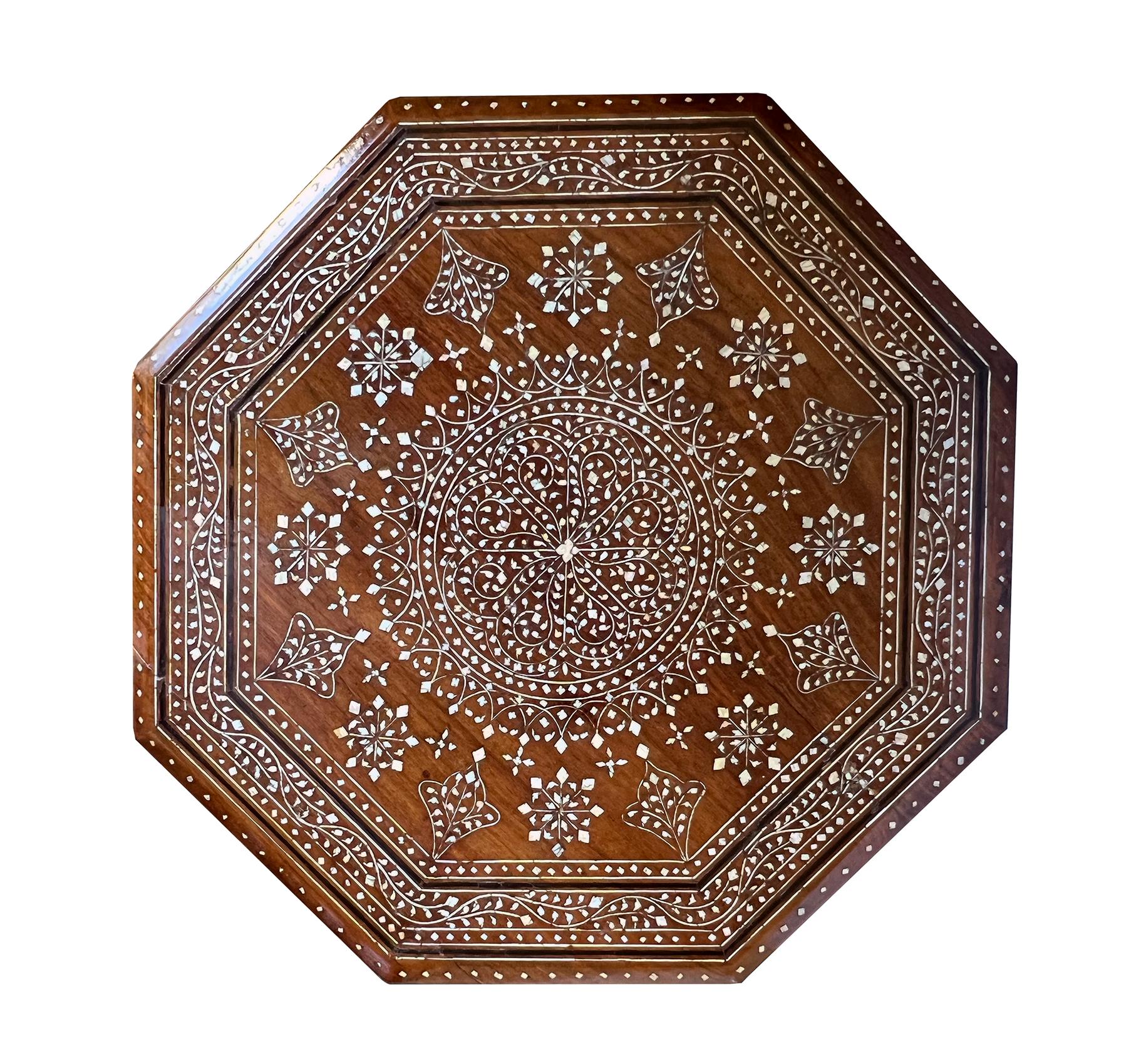 Wood Large & Intricately Inlaid Anglo Indian Octagonal Side/Traveling Table