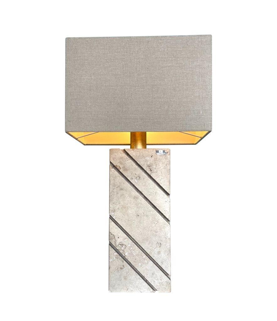 Italian A large Italan 1970s travertine lamp by Cerri Nestore with bespoke linen shade For Sale