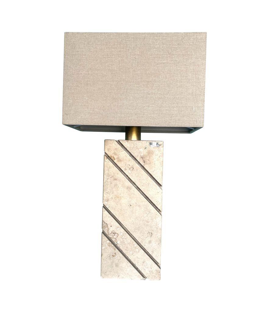 Late 20th Century A large Italan 1970s travertine lamp by Cerri Nestore with bespoke linen shade For Sale