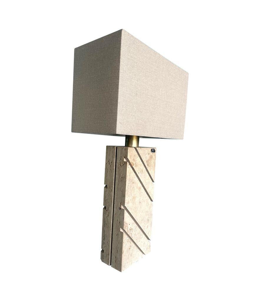 A large Italan 1970s travertine lamp by Cerri Nestore with bespoke linen shade For Sale 1