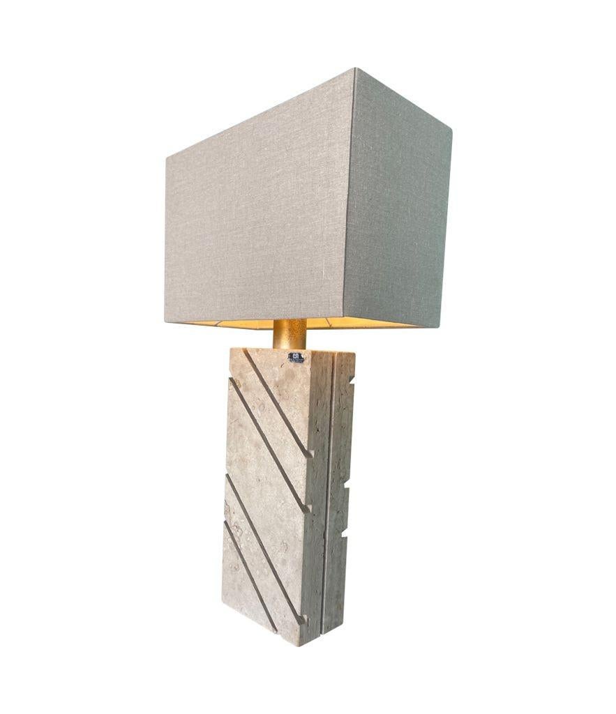 A large Italan 1970s travertine lamp by Cerri Nestore with bespoke linen shade For Sale 2