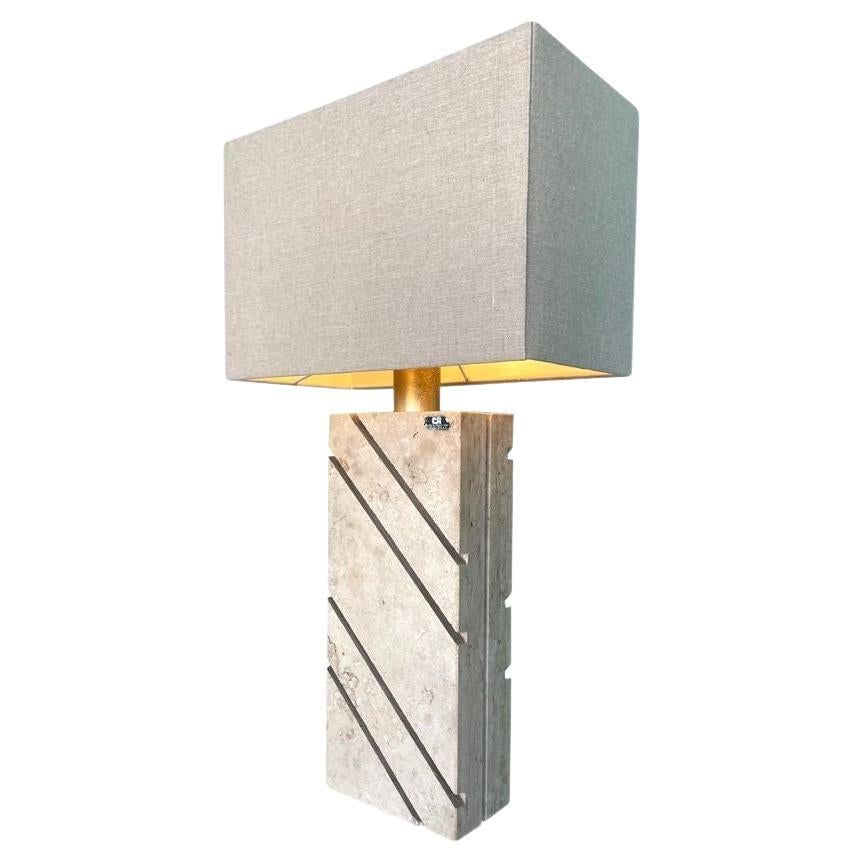 A large Italan 1970s travertine lamp by Cerri Nestore with bespoke linen shade For Sale