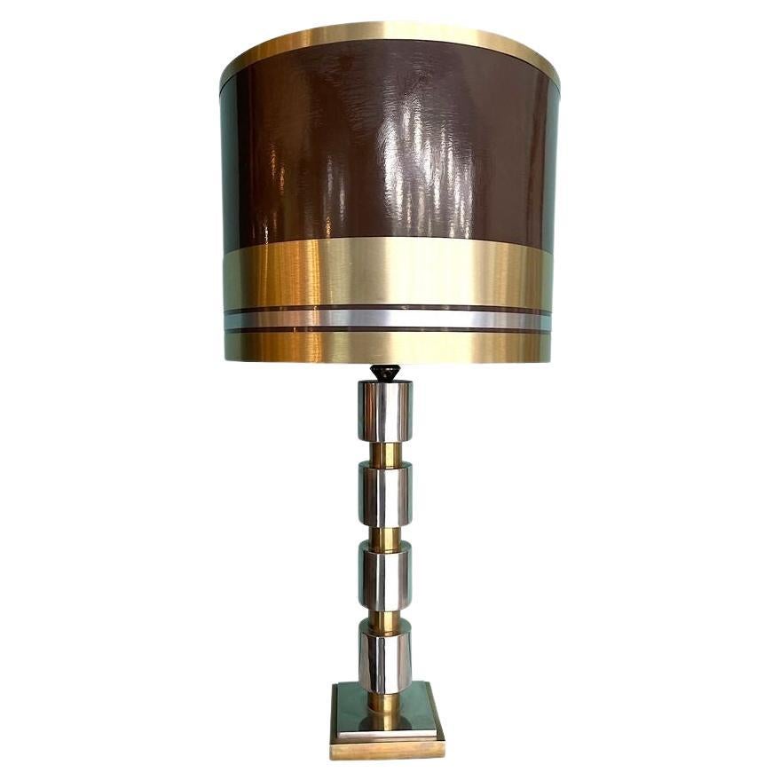 A large Italian 1970s chrome and brass lamp with orignal brushed brass shade.