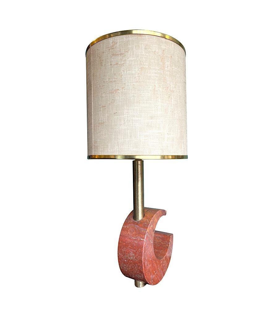 A large Italian 1970s red Venetian marble and brass lamp with orignal shade For Sale 2