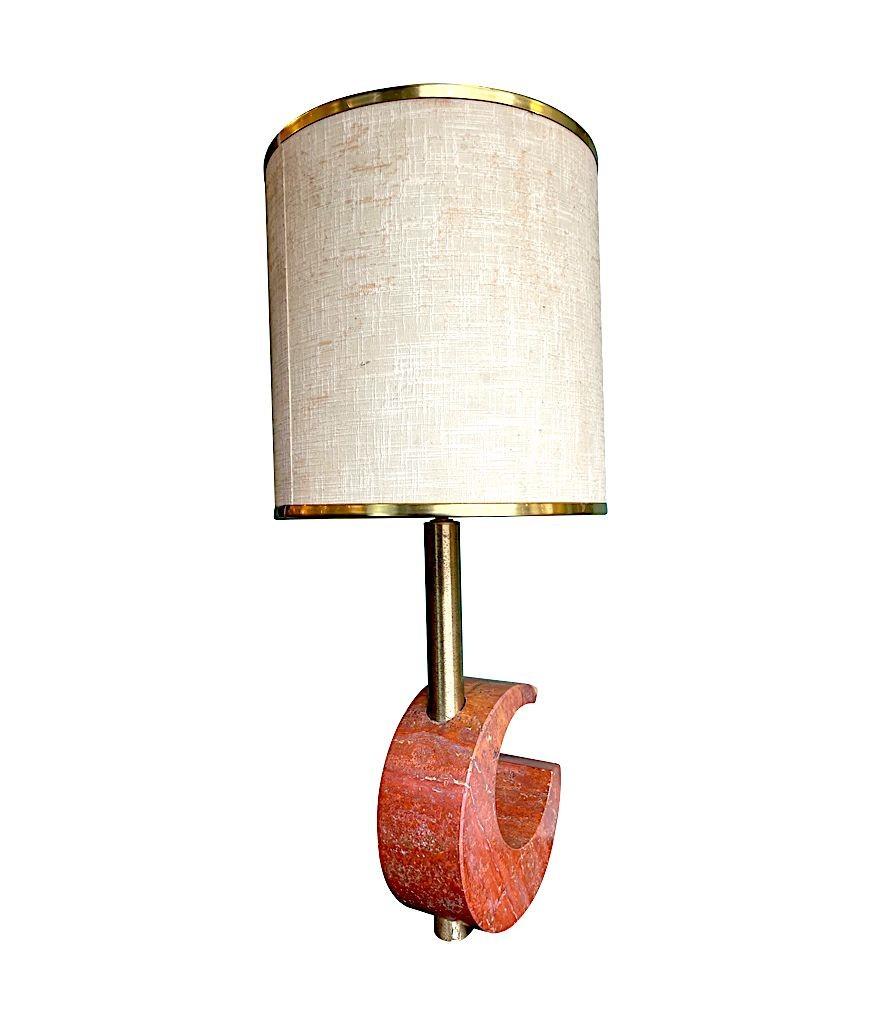 A large Italian 1970s red Venetian marble and brass lamp with orignal shade For Sale 4