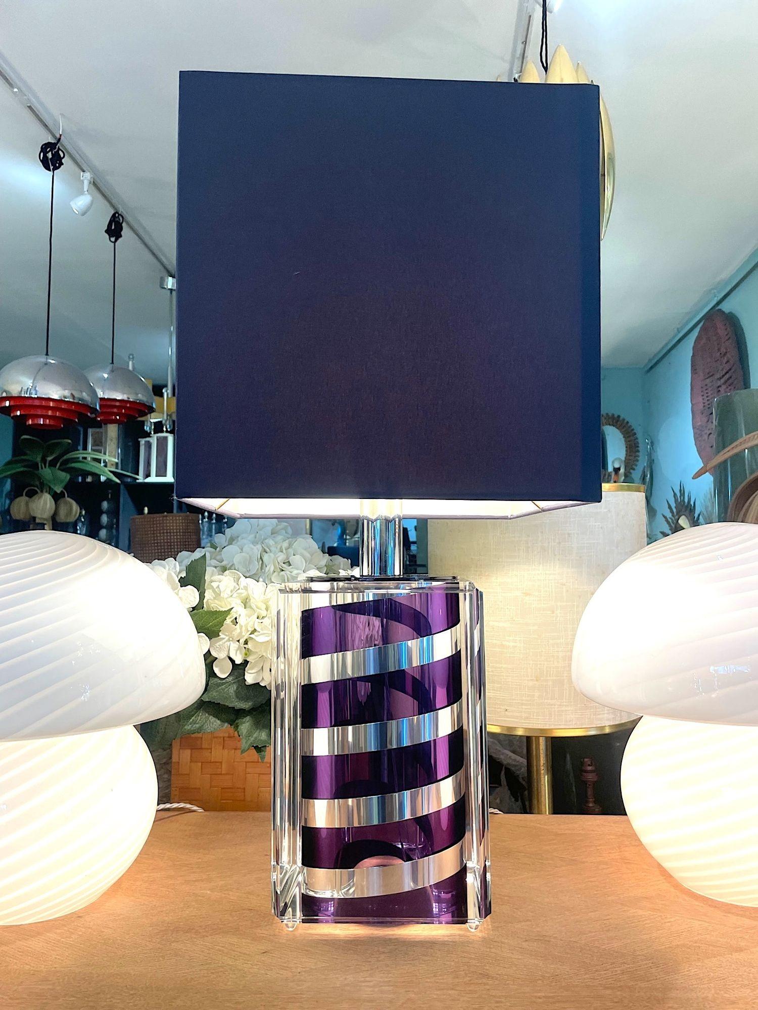 A large Italian 1970s Romeo Rega lucite and chrome lamp with purple and chrome stripes. Wonderful quality lamp with new bespoke black shade with champagne lining, re wired with new chrome fittings, antique silver cord flex and PAT tested
