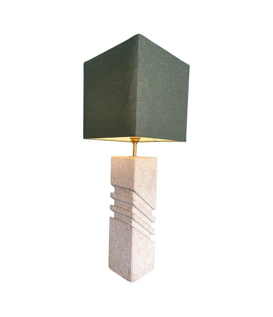 Carved A large Italian 1970s sculptural stone lamp with new bespoke linen shade For Sale