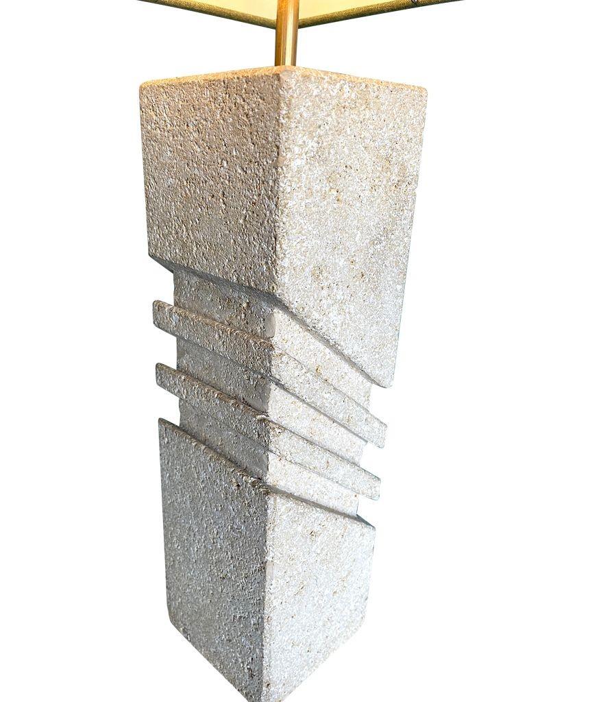 A large Italian 1970s sculptural stone lamp with new bespoke linen shade In Good Condition For Sale In London, GB