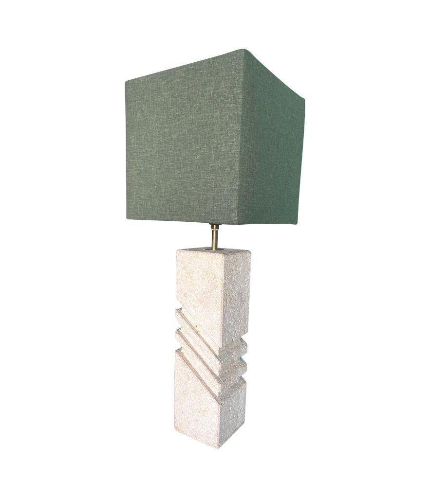 A large Italian 1970s sculptural stone lamp with new bespoke linen shade For Sale 2