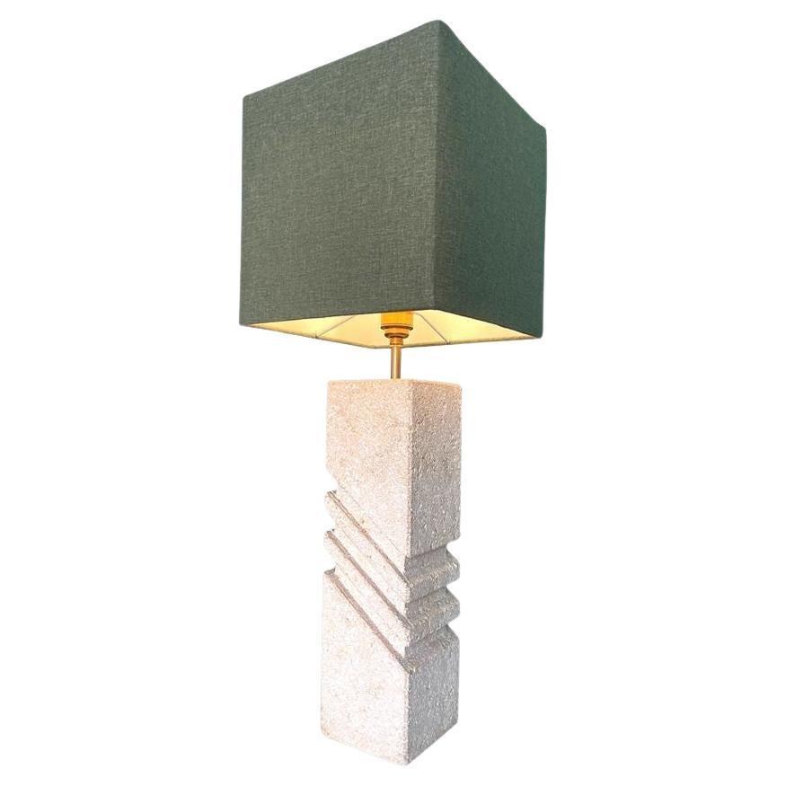 A large Italian 1970s sculptural stone lamp with new bespoke linen shade For Sale