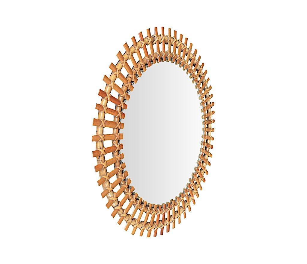 A large Italian 1970s Split cane bamboo circular mirror with original plate and wooden back.