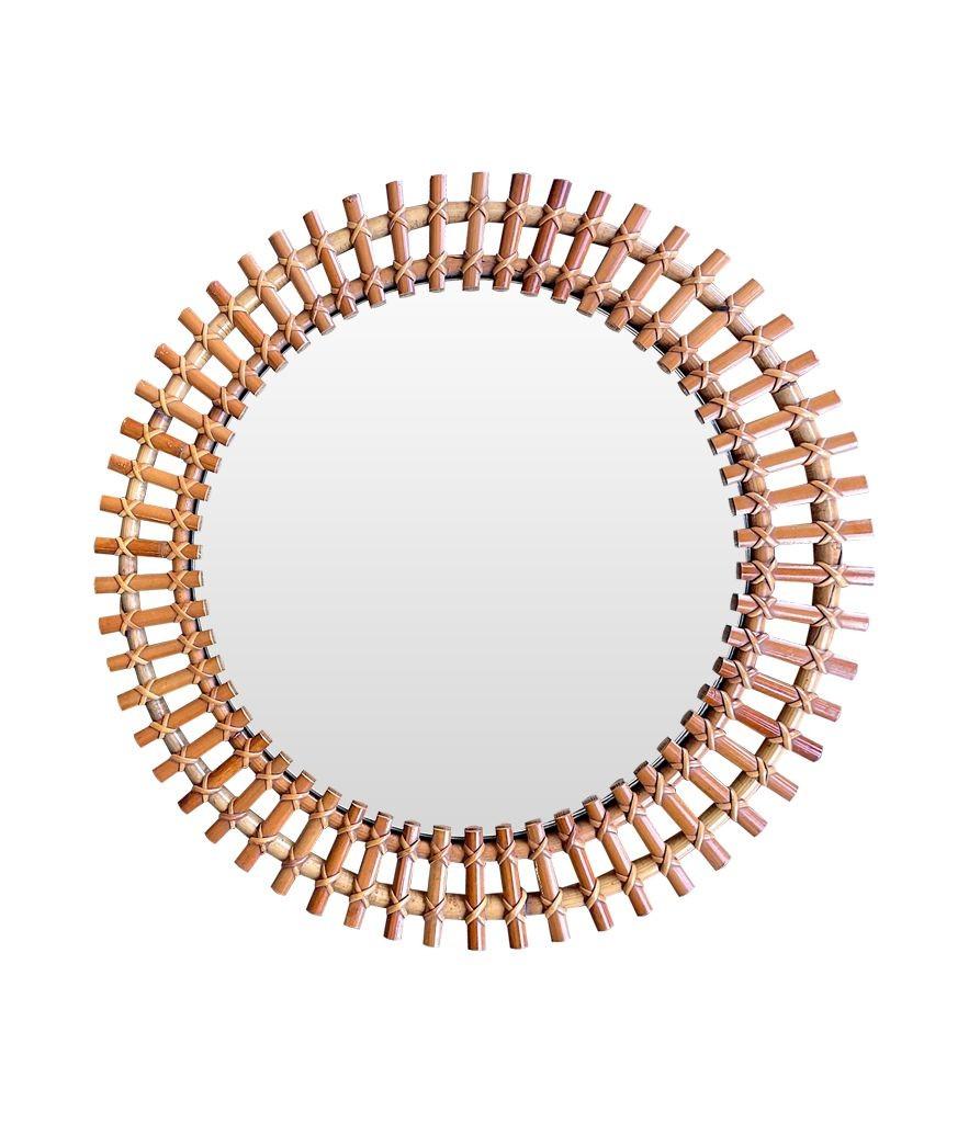 A large Italian 1970s Split cane bamboo circular mirror In Good Condition For Sale In London, GB
