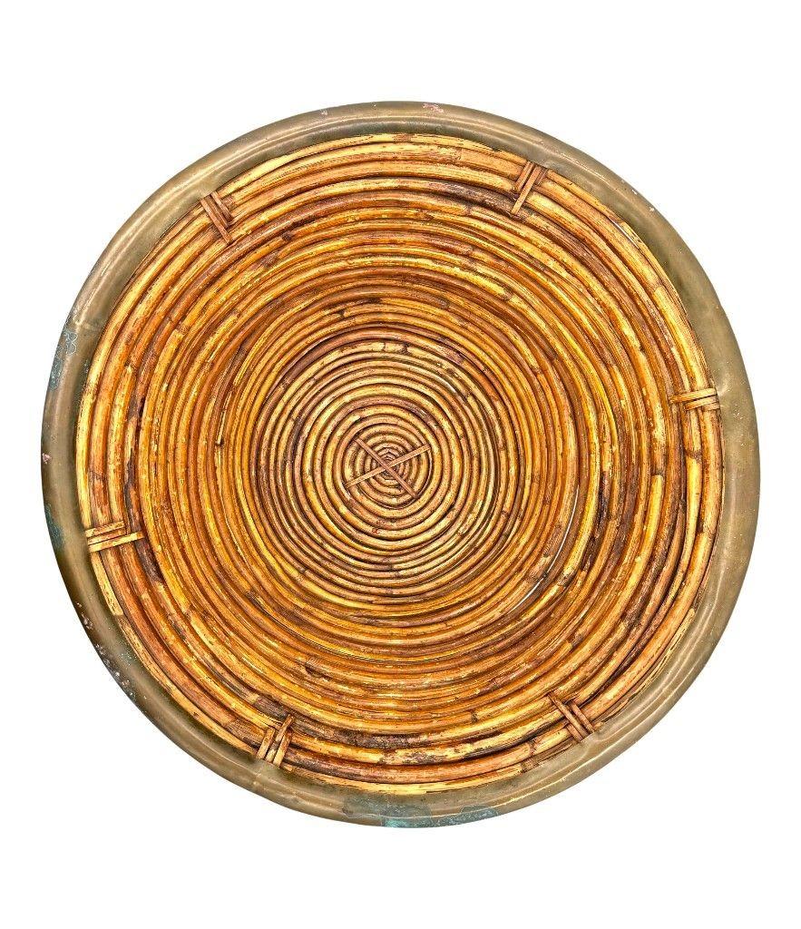 Late 20th Century A large Italian 1970s woven bamboo bowl with brass rim For Sale
