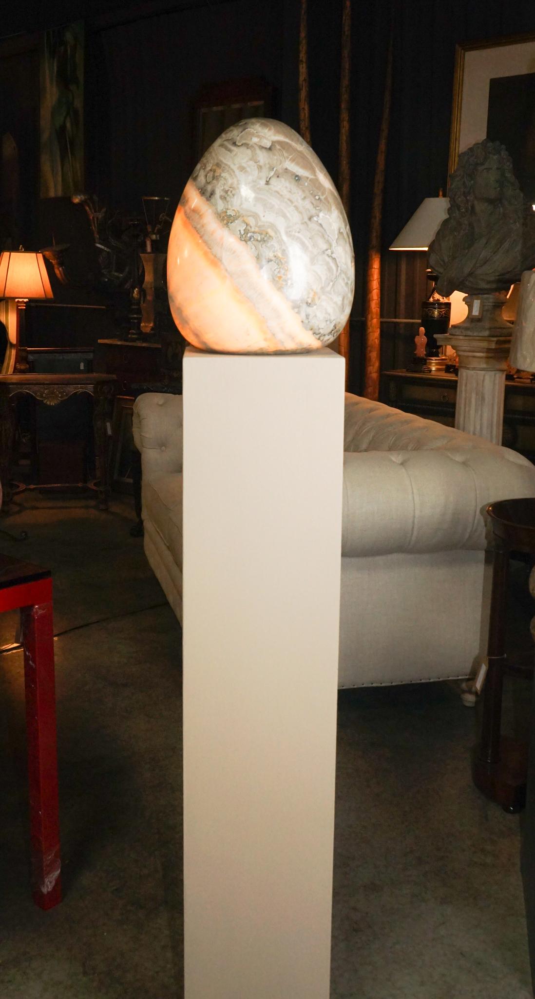 Large Italian Banded Onyx Sculpture Egg on a Pedestal In Good Condition For Sale In Hudson, NY