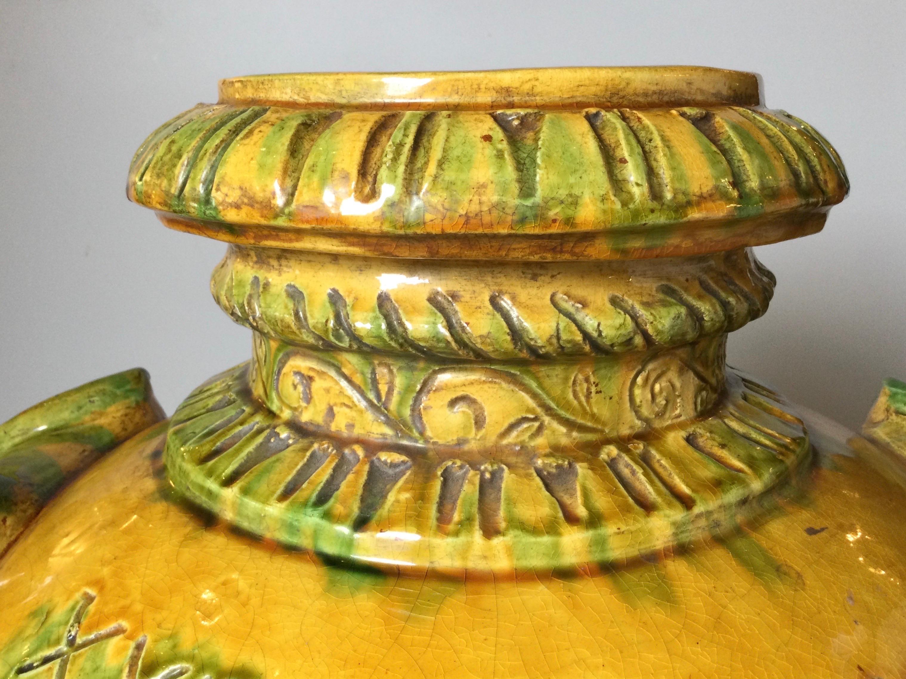 Hand-Painted Large Italian Bright Yellow Glazed Earthenware Handled Vessel For Sale