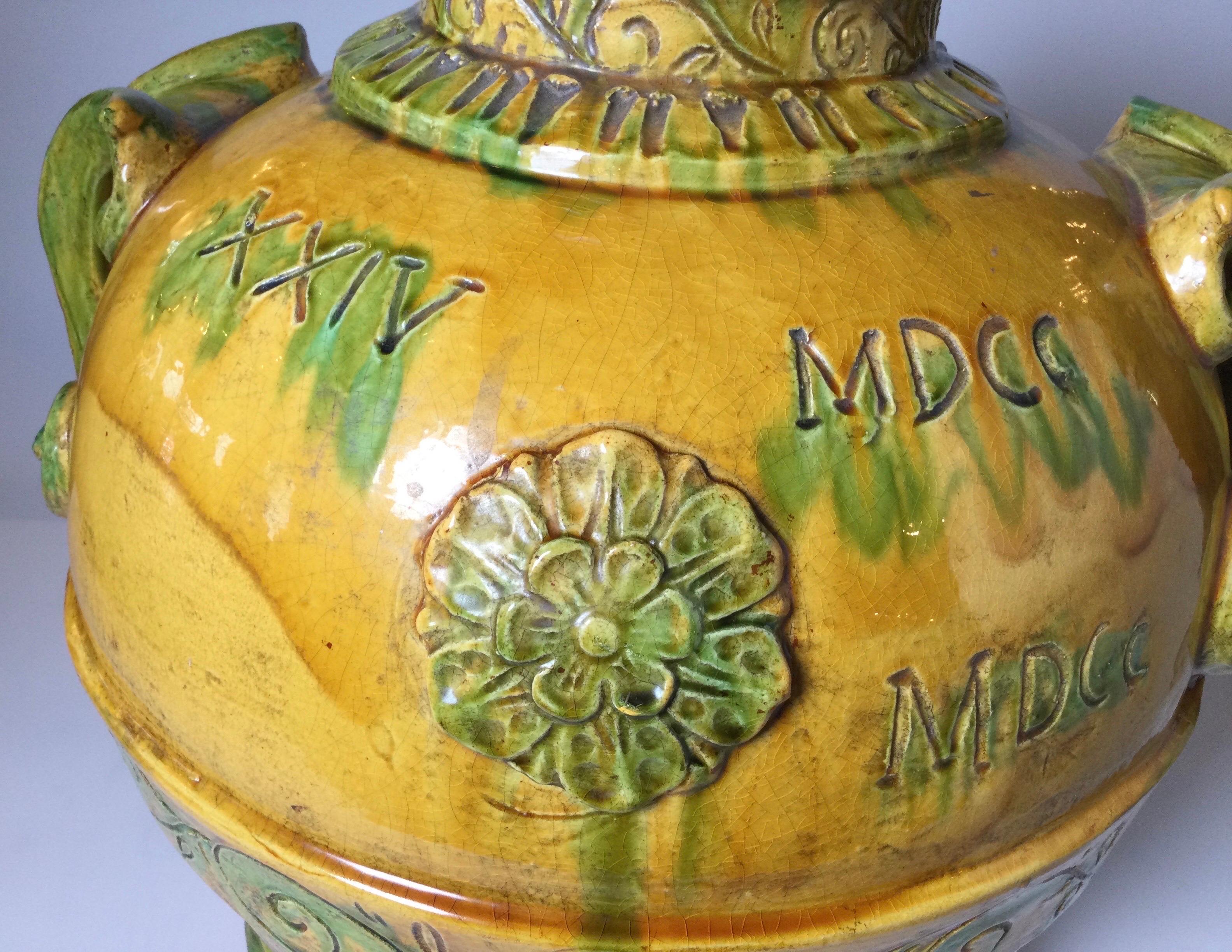 Large Italian Bright Yellow Glazed Earthenware Handled Vessel In Excellent Condition For Sale In Lambertville, NJ