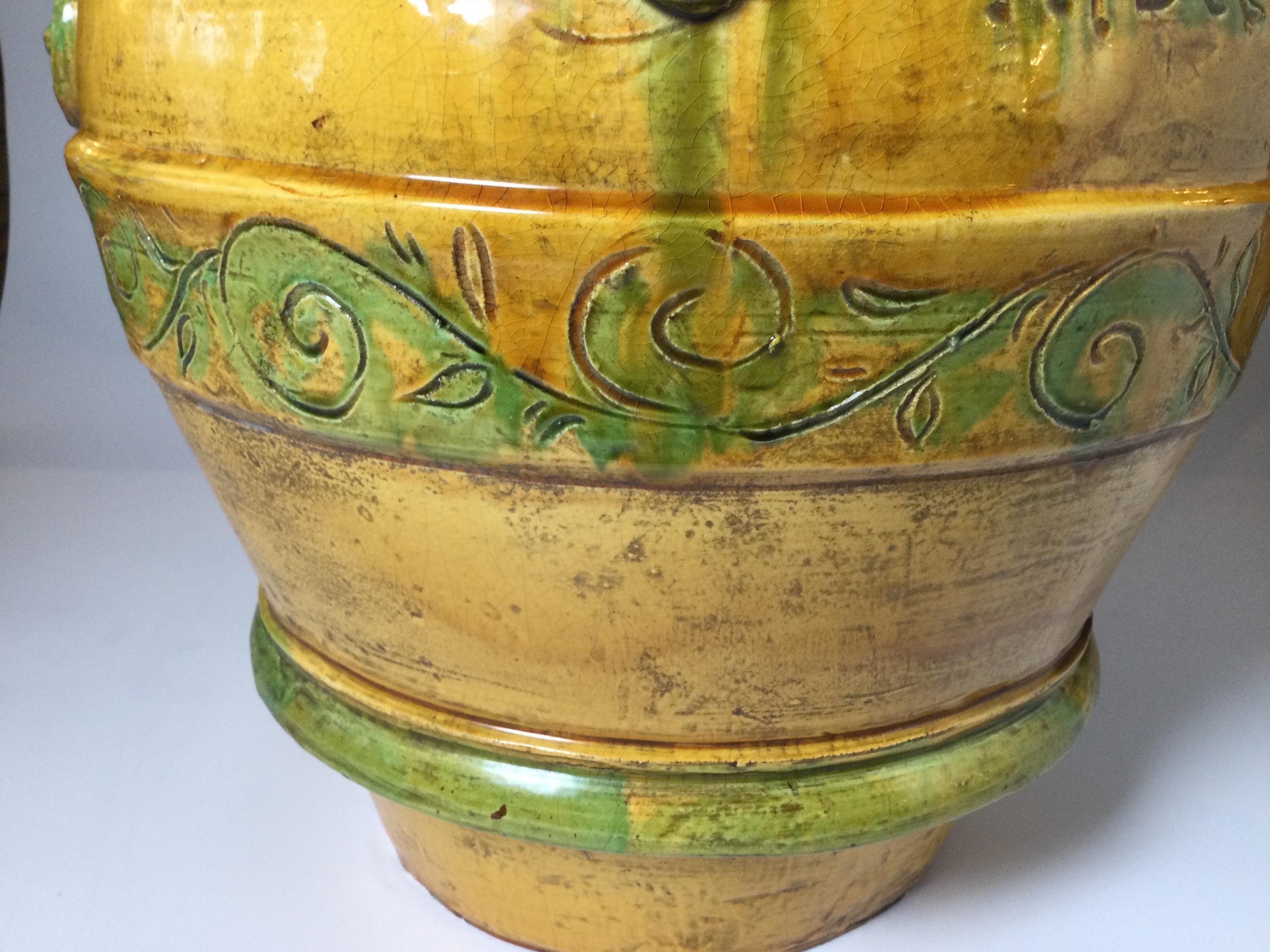 20th Century Large Italian Bright Yellow Glazed Earthenware Handled Vessel For Sale