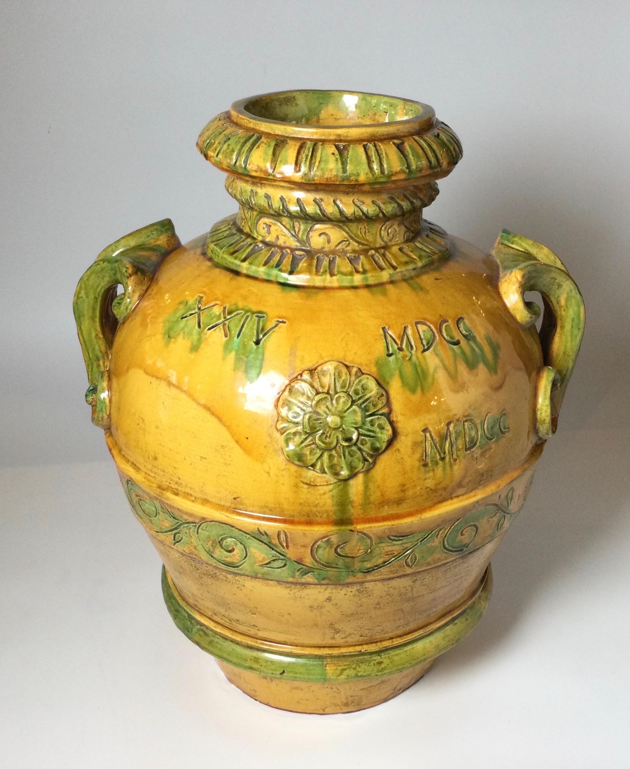 Large Italian Bright Yellow Glazed Earthenware Handled Vessel For Sale 2