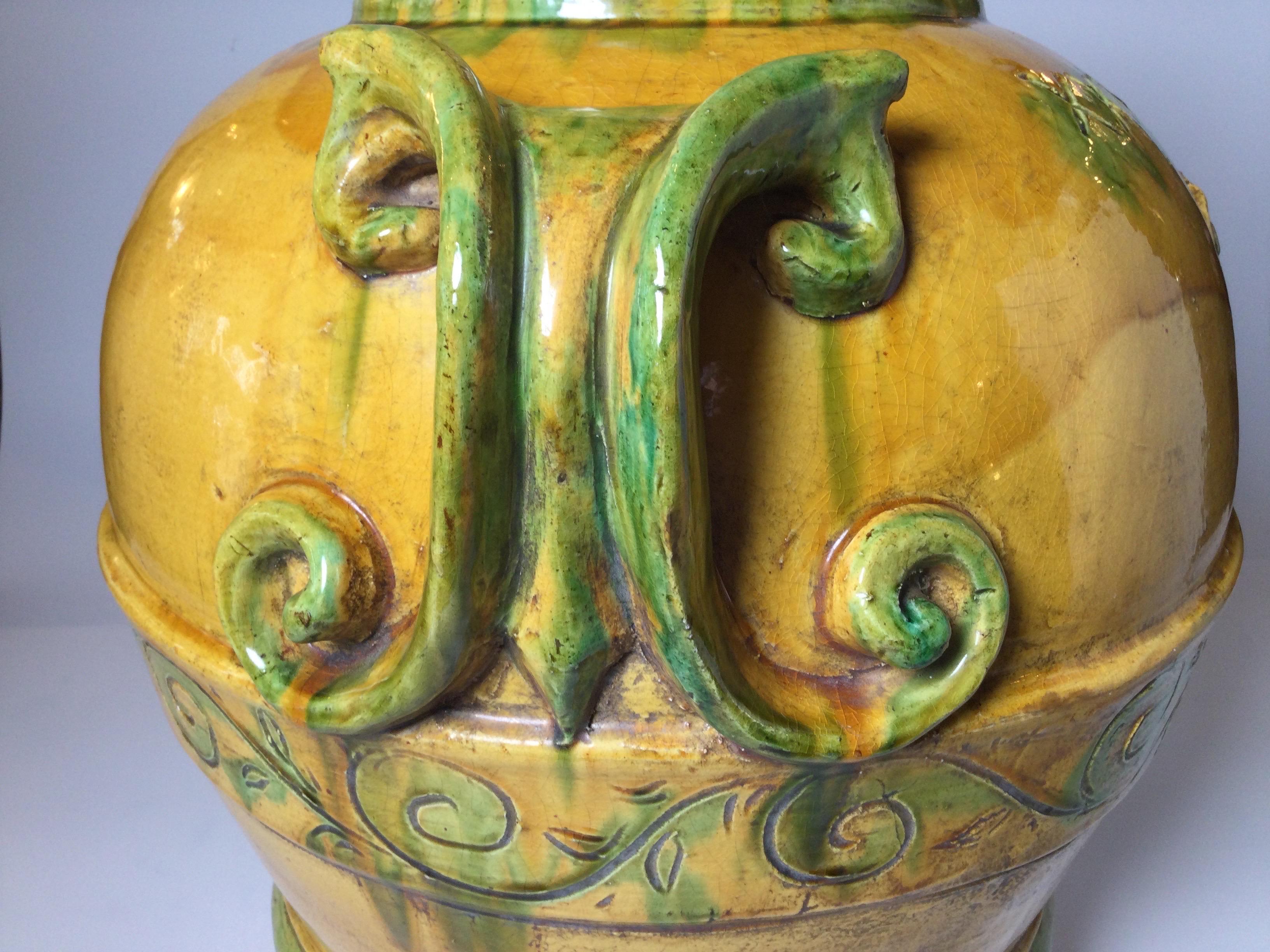 Large Italian Bright Yellow Glazed Earthenware Handled Vessel For Sale 4