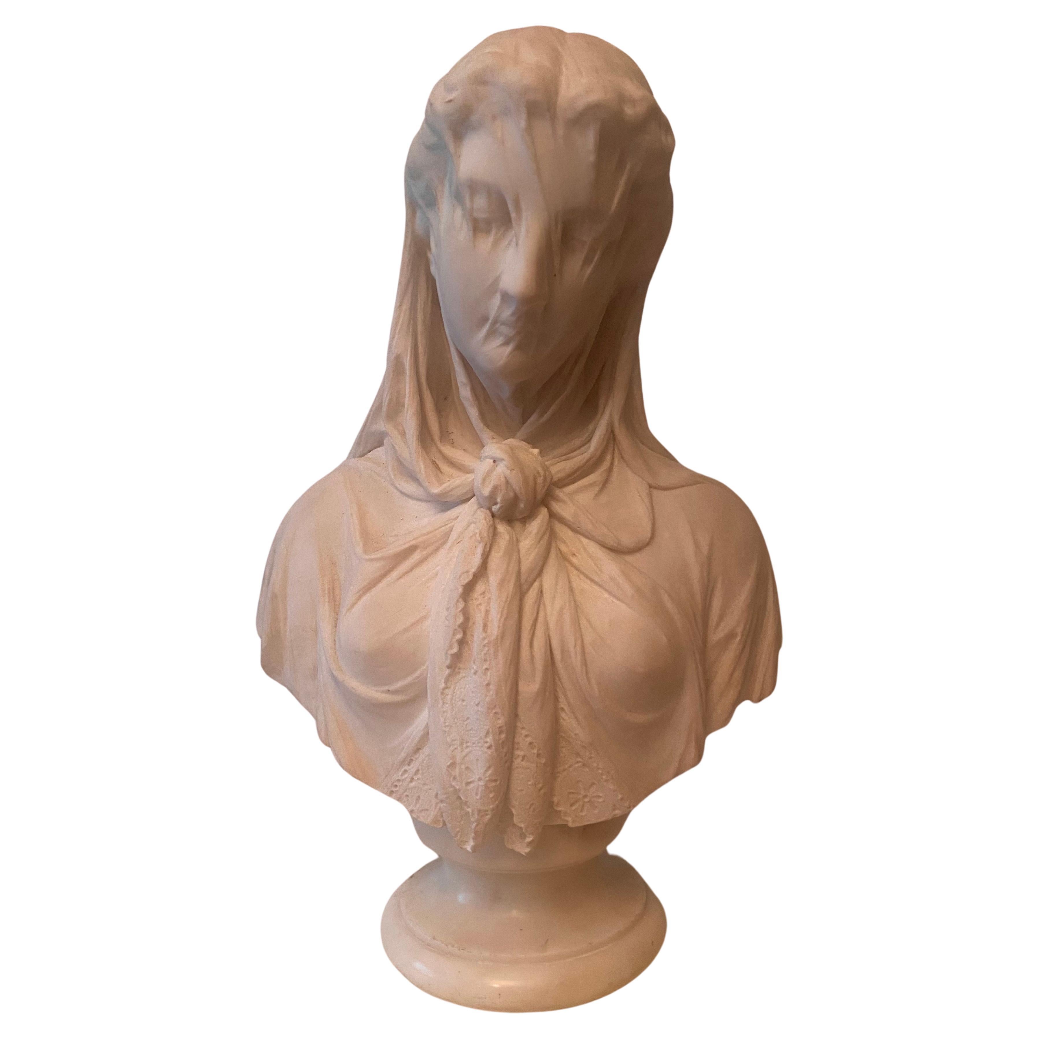 A Large Italian carved marble bust of a veiled Maiden by Giuseppe Carnevale  For Sale 3