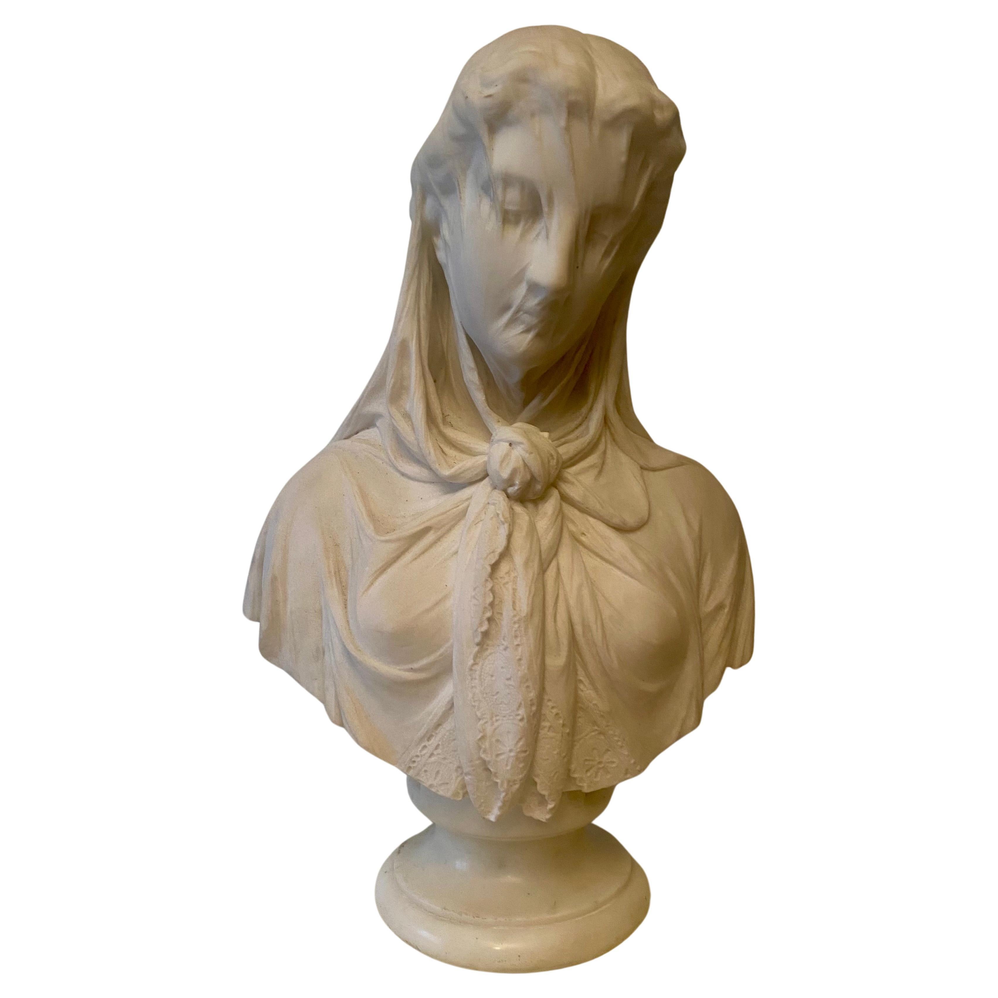 A Large Italian carved marble bust of a veiled Maiden by Giuseppe Carnevale  For Sale 14